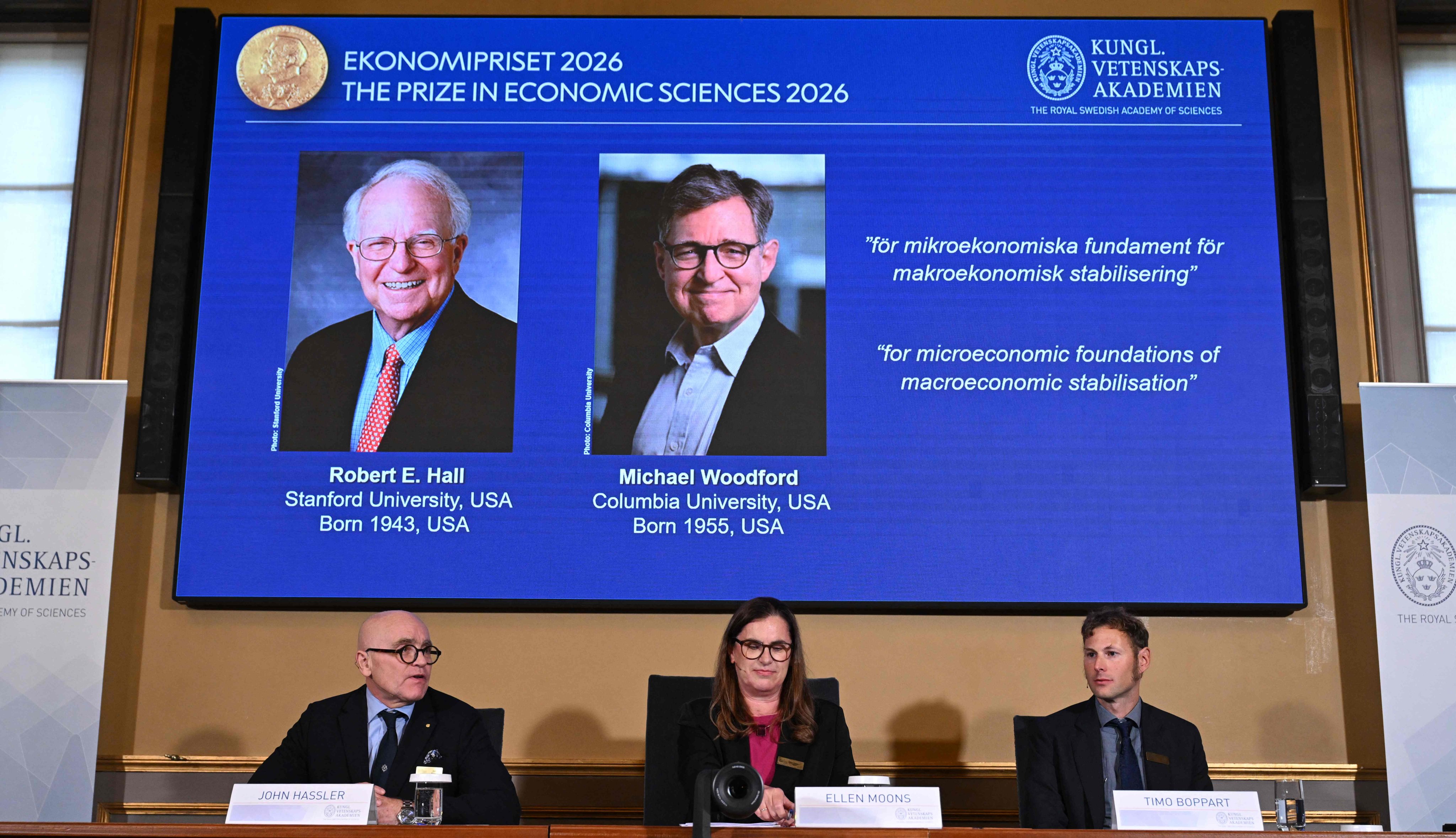 US macroeconomists Robert Hall and Michael Woodford were announced as the winners of the 2026 Nobel prize in economics on Monday. Photo: AFP