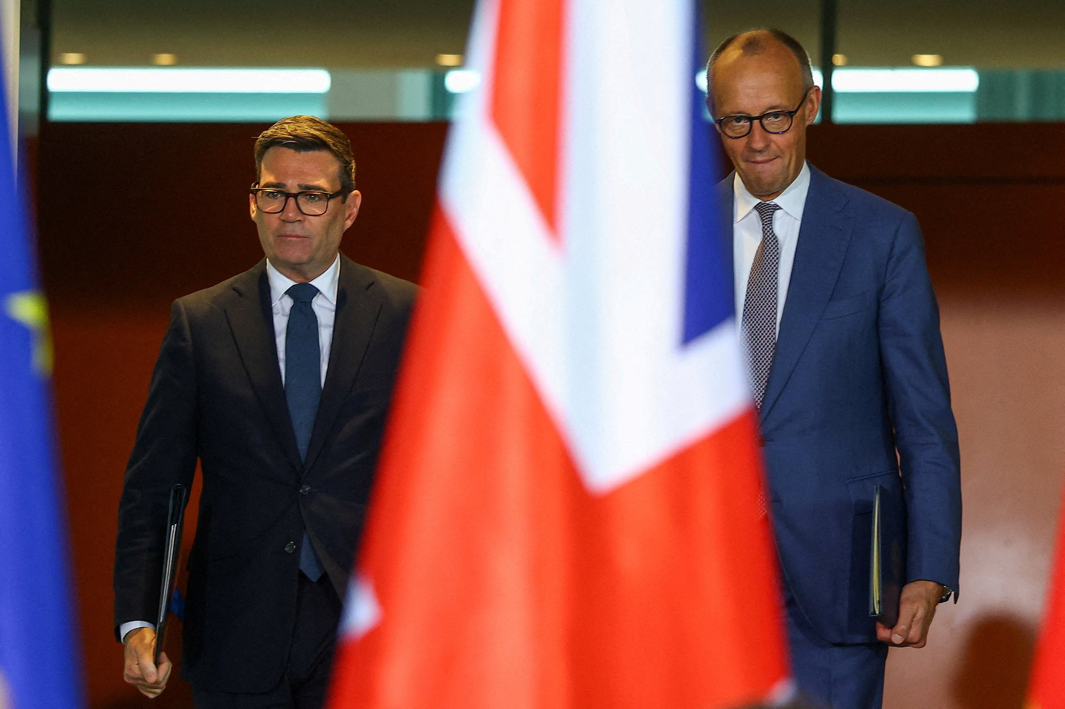 British Prime Minister Andy Burnham and German Chancellor Friedrich Merz in Berlin on October 8, 2026. Burnham has said that Russia interfered in Britain's 2016 Brexit vote. Photo: Reuters
