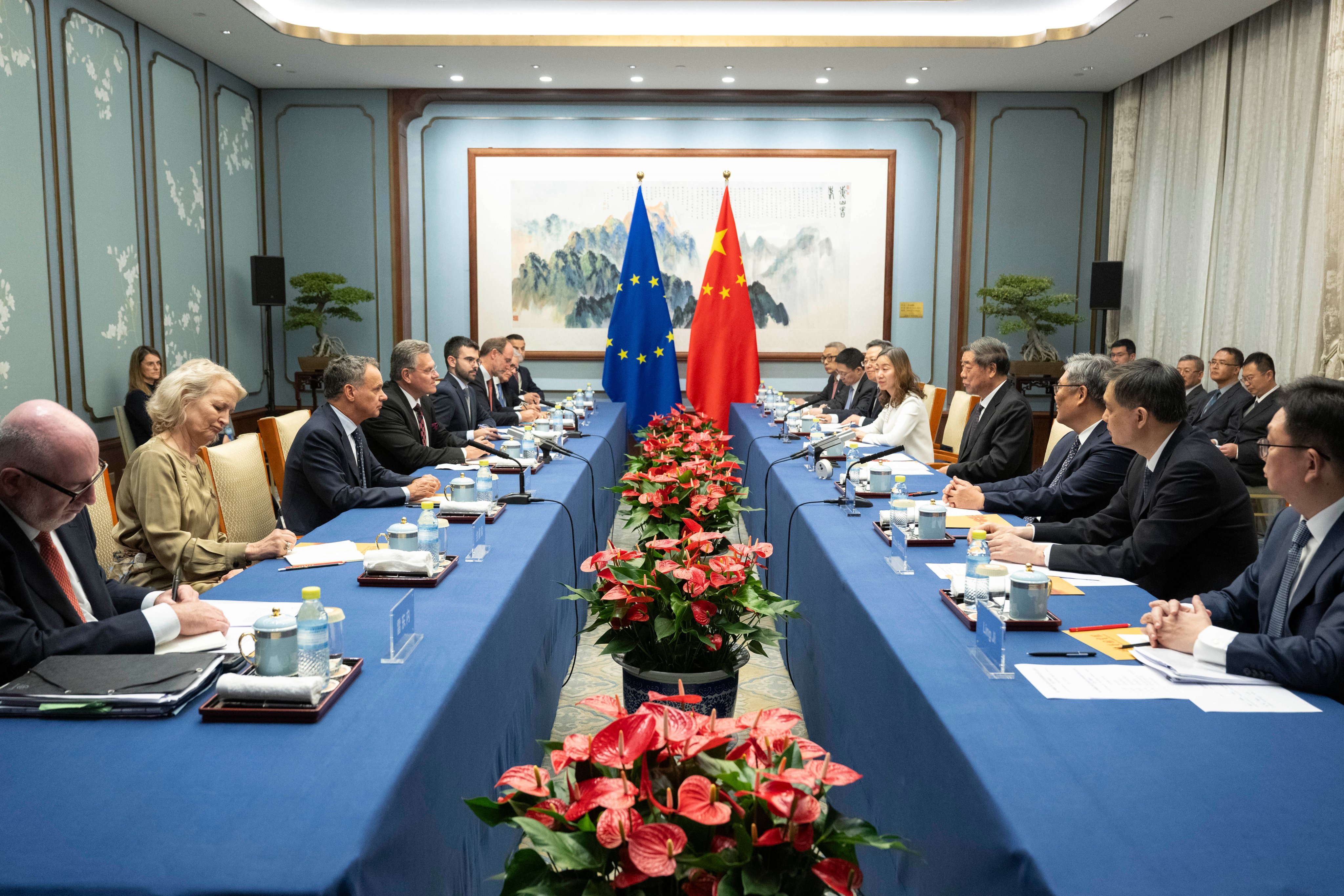 Chinese Vice-Premier He Lifeng (fourth right) meets with European Commissioner for Trade and Economic Security Maros Sefcovic (fourth left) in Beijing on Friday. Photo: Xinhua