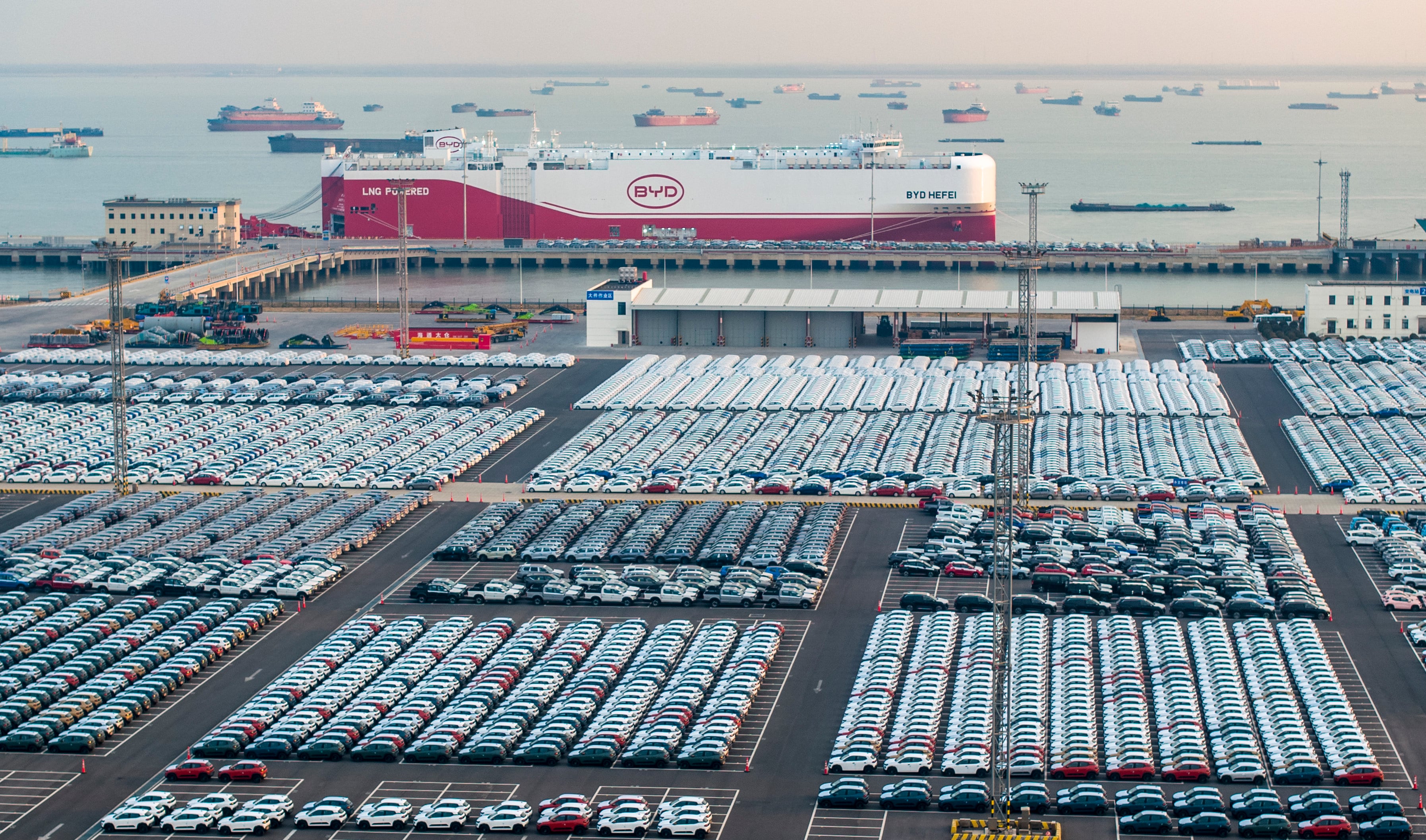 A BYD car carrier loads new energy vehicles for export to Belgium at a port in Suzhou, China. Photo: NurPhoto via Getty Images