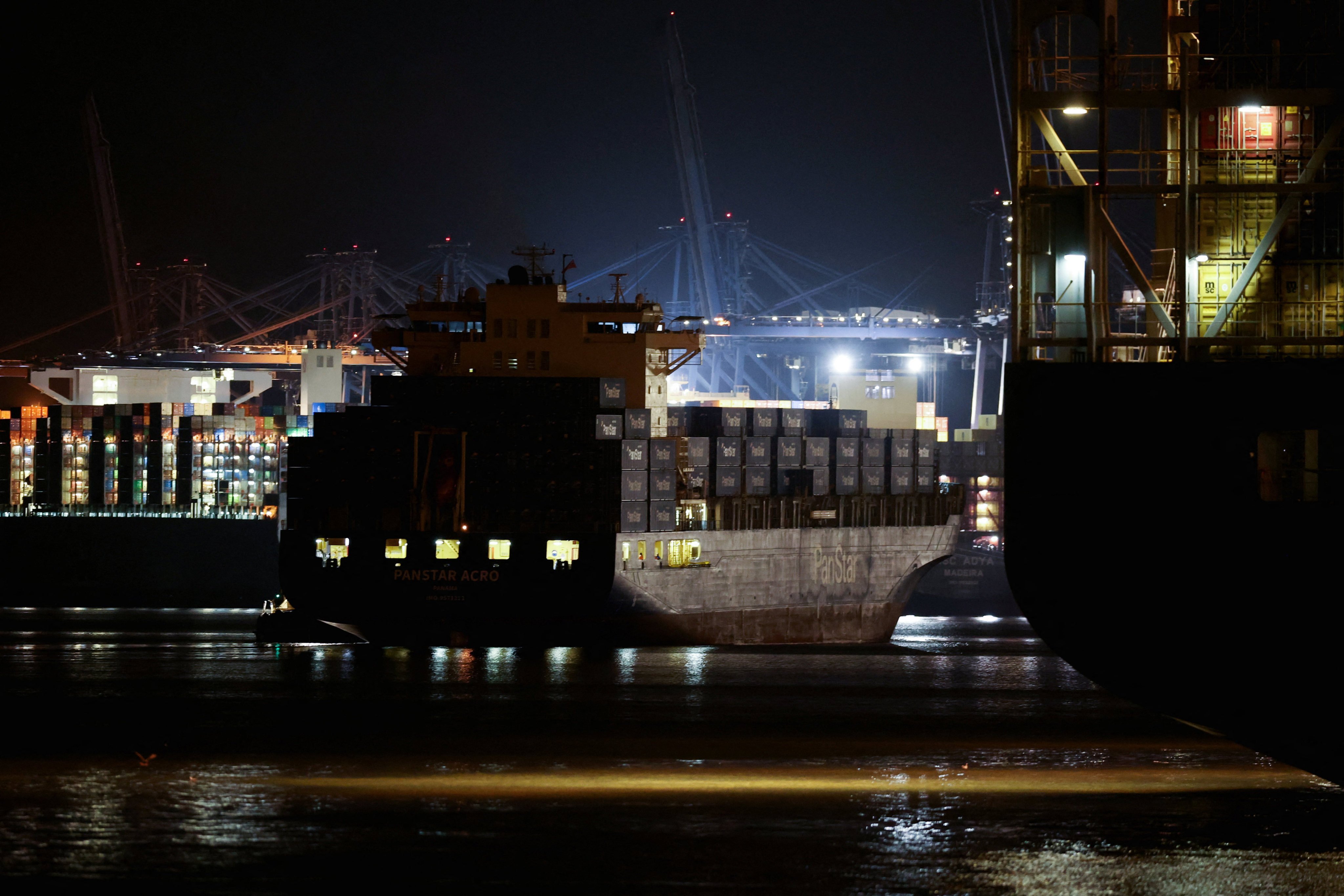 The PanStar Acro is seen at the port of Felixstowe in Britain. The vessel also made calls at Rotterdam in the Netherlands and Gdansk in Poland. Photo: Reuters