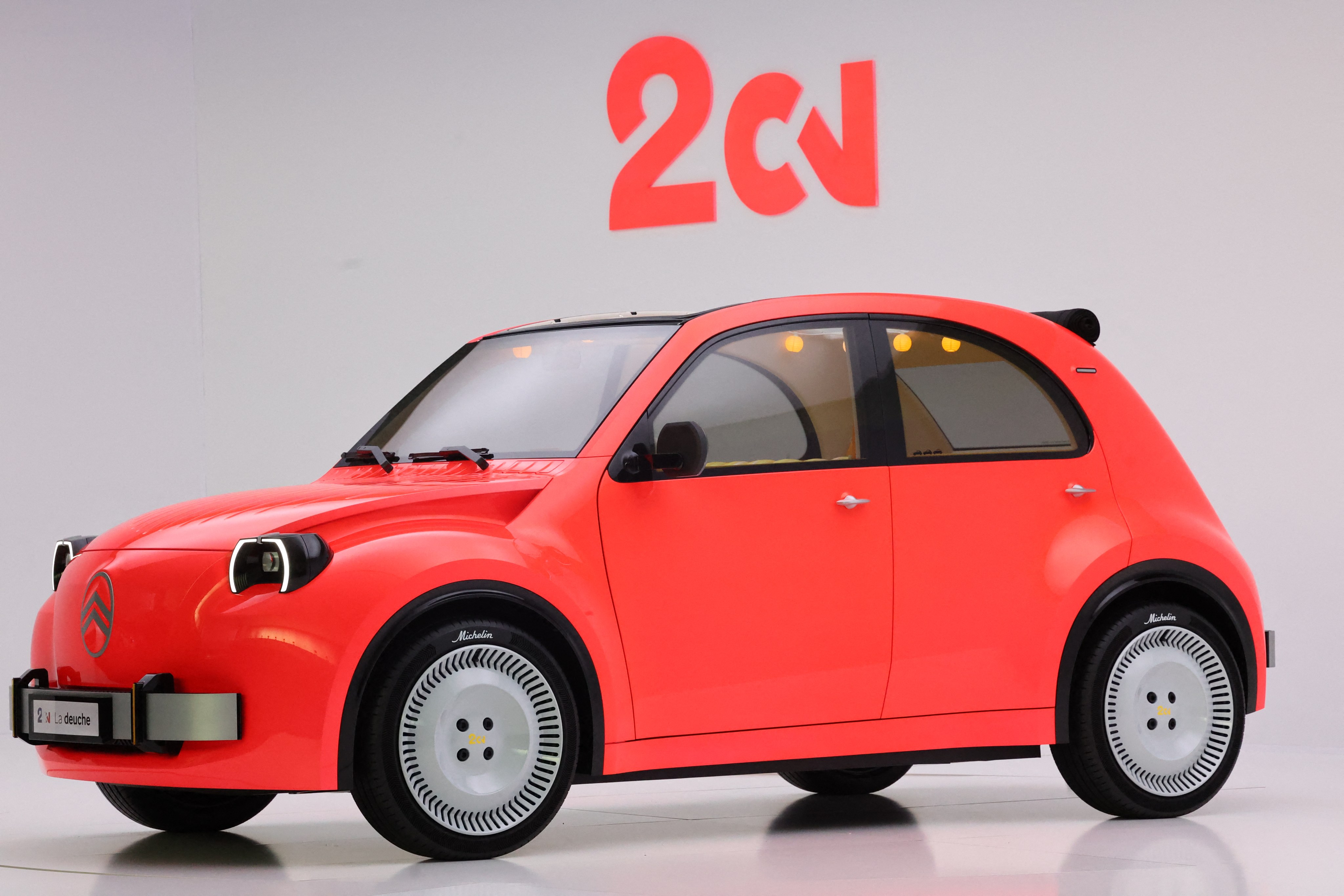 This photograph taken on September 29, 2026 at Stellantis Creative Center in Velizy-Villacoublay, shows French car maker Citroen, owned by world’s fourth-largest automaker Stellantis, new 2 CV Concept car which will be unveiled during the 91st Paris Motor Show from October 12 to 18. (Photo by Mehdi FEDOUACH / AFP)