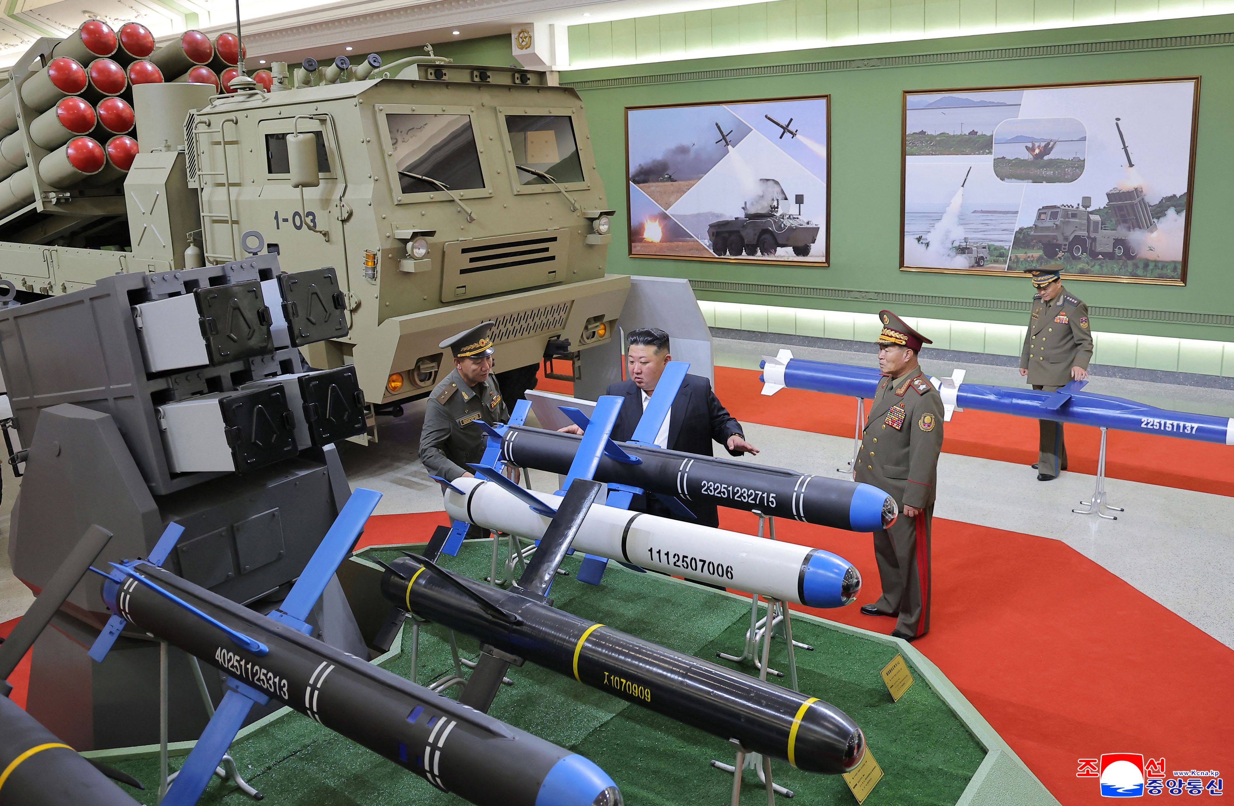 Kim Jong-un inspects exhibits at the National Defence Revolution Museum on Sunday. Photo: KCNA/AFP
