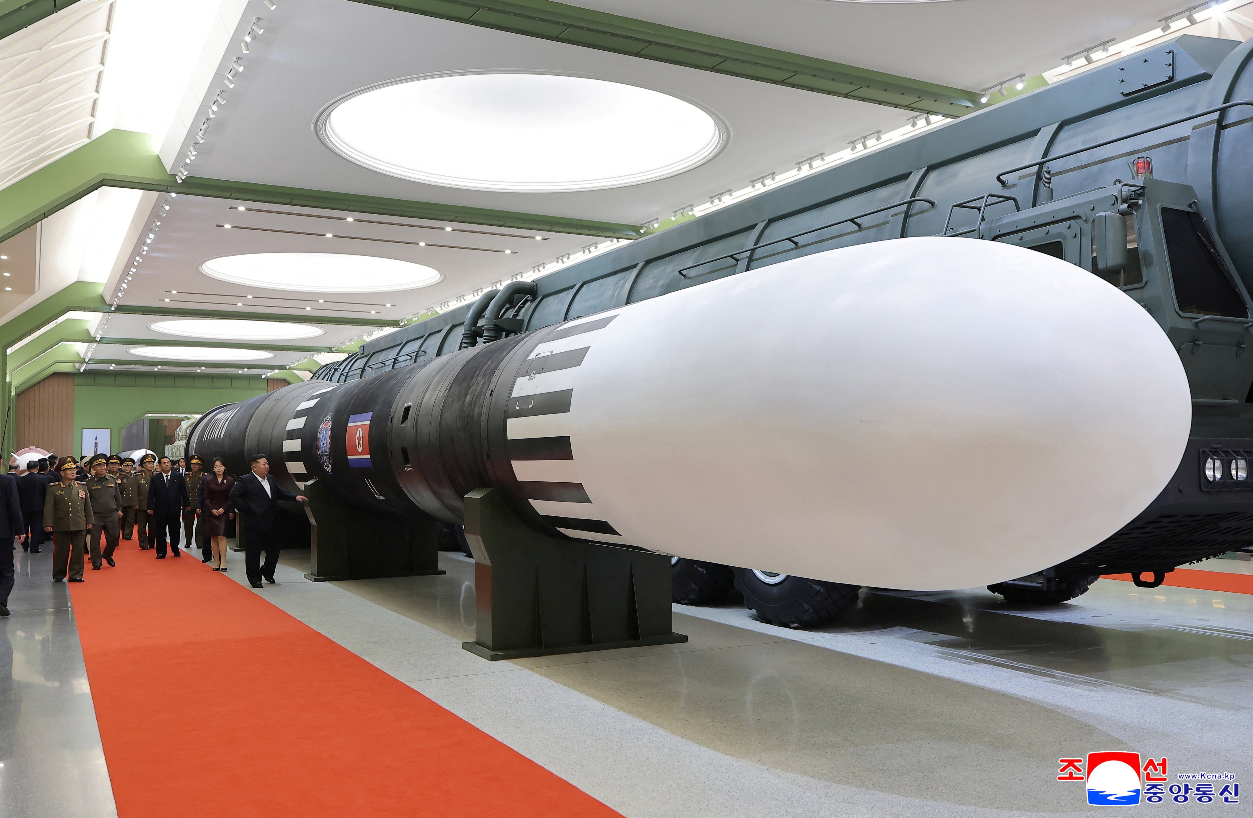 Kim Jong-un and his daughter inspect a missile exhibit at the National Defence Revolution Museum. Photo: KCNA/Reuters