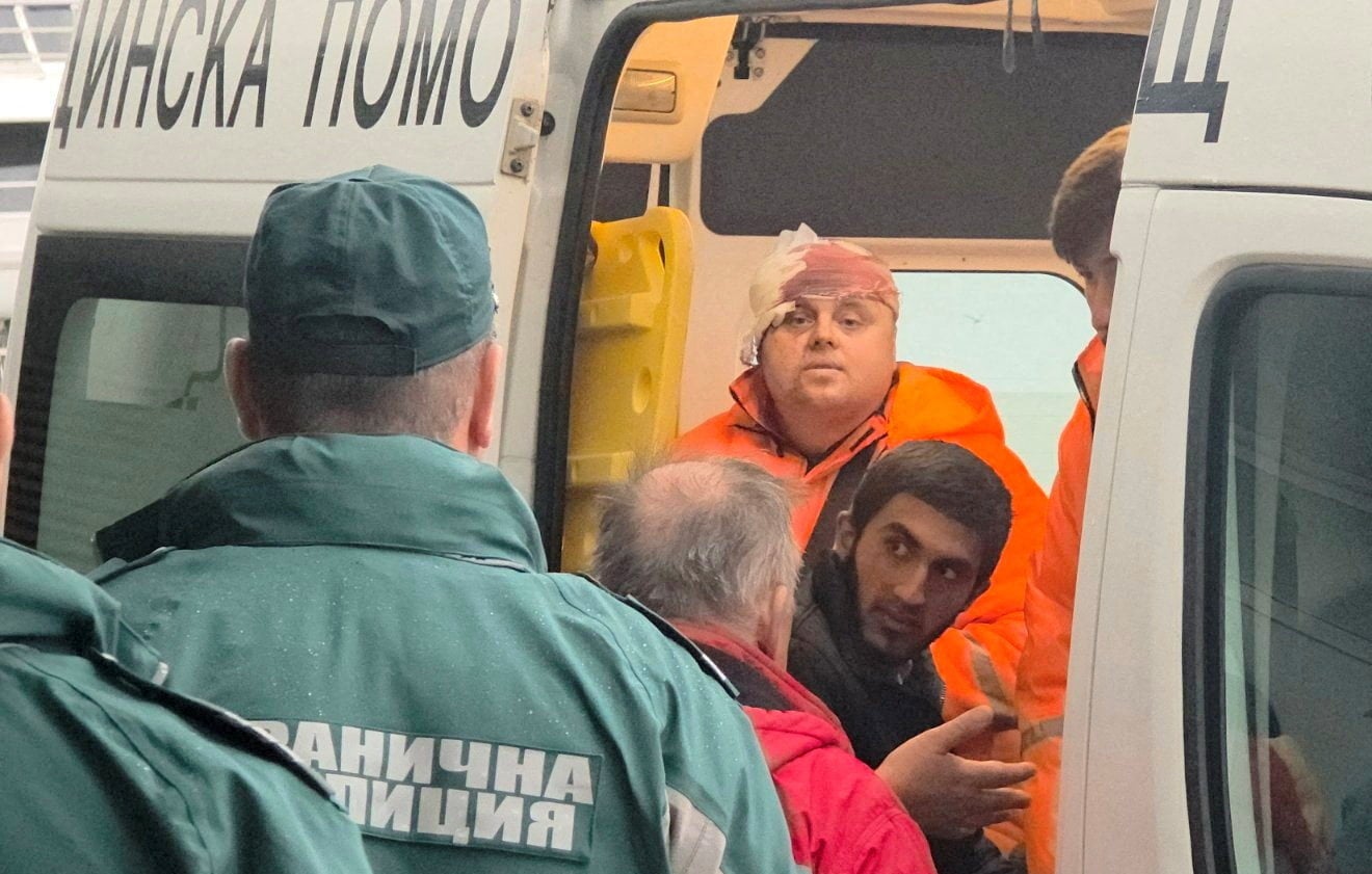 Rescued crew members from a ship that was damaged in a drone attack are taken away in an ambulance in Varna, Bulgaria, on Tuesday. Photo: Reuters