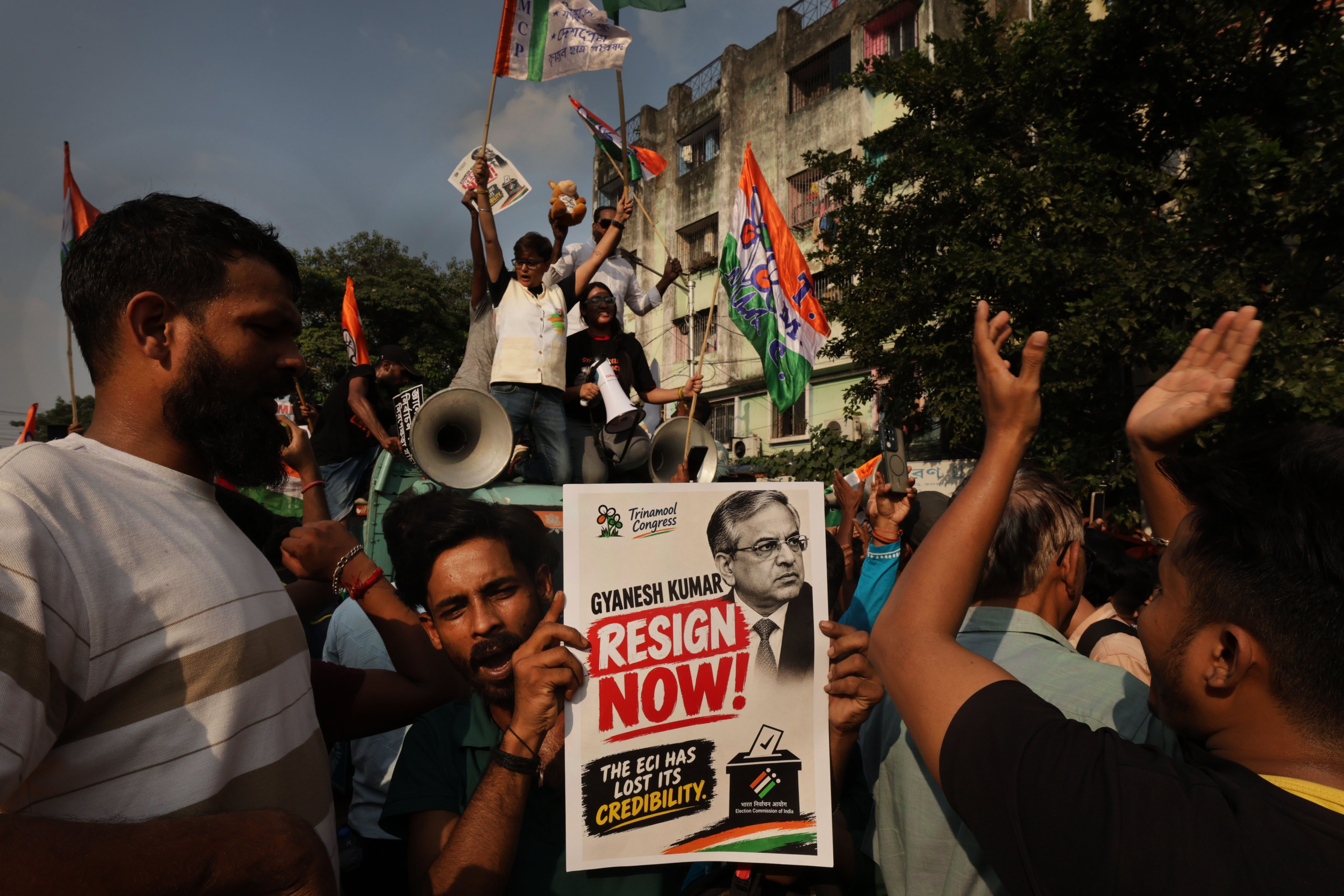 Trinamool Congress activists protest against India’s election chief in Kolkata on Tuesday. Photo: EPA