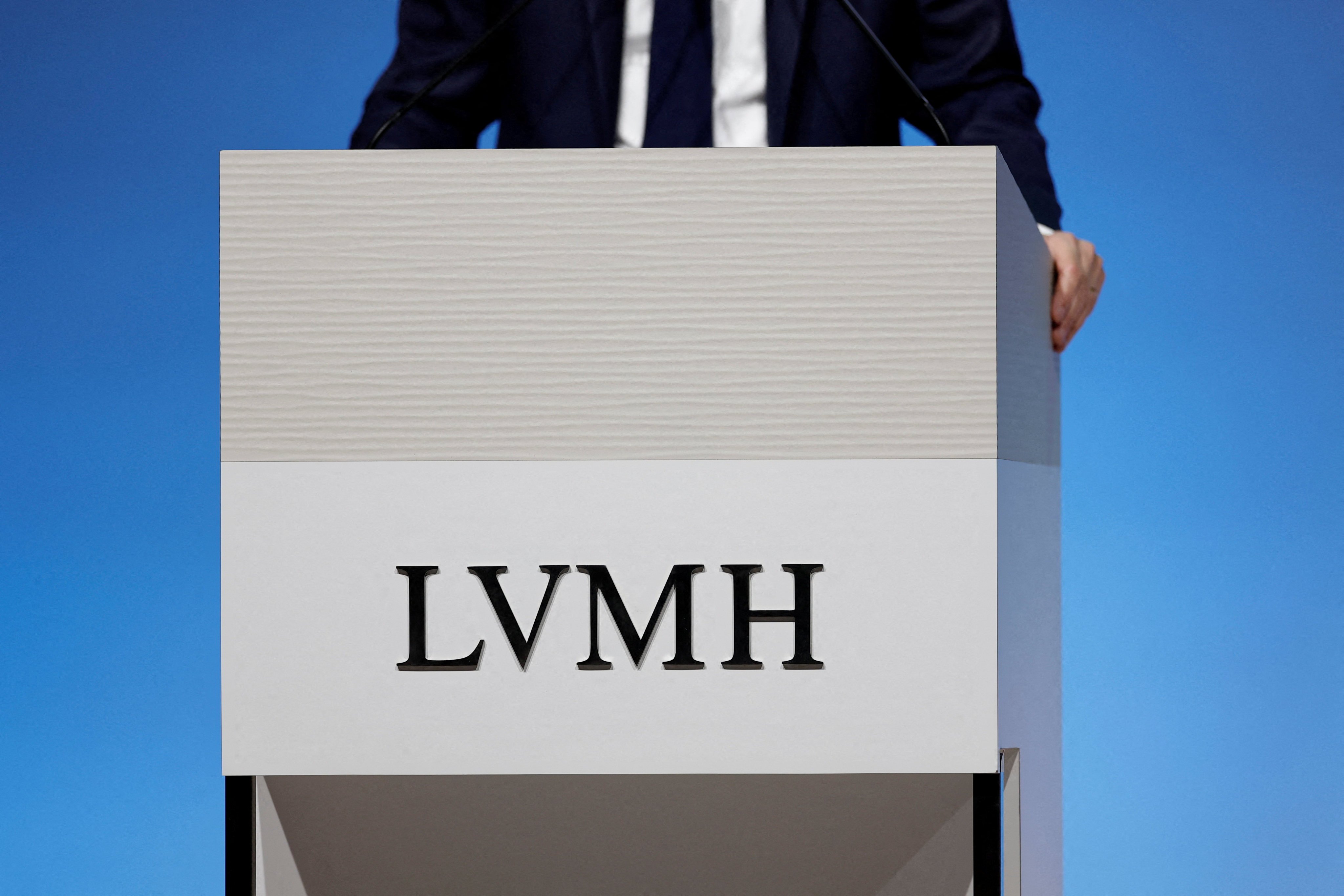The logo of LVMH is seen on a desk during the presentation of LVMH Moet Hennessy Louis Vuitton’s 2025 annual results in Paris on January 27. Photo: Reuters