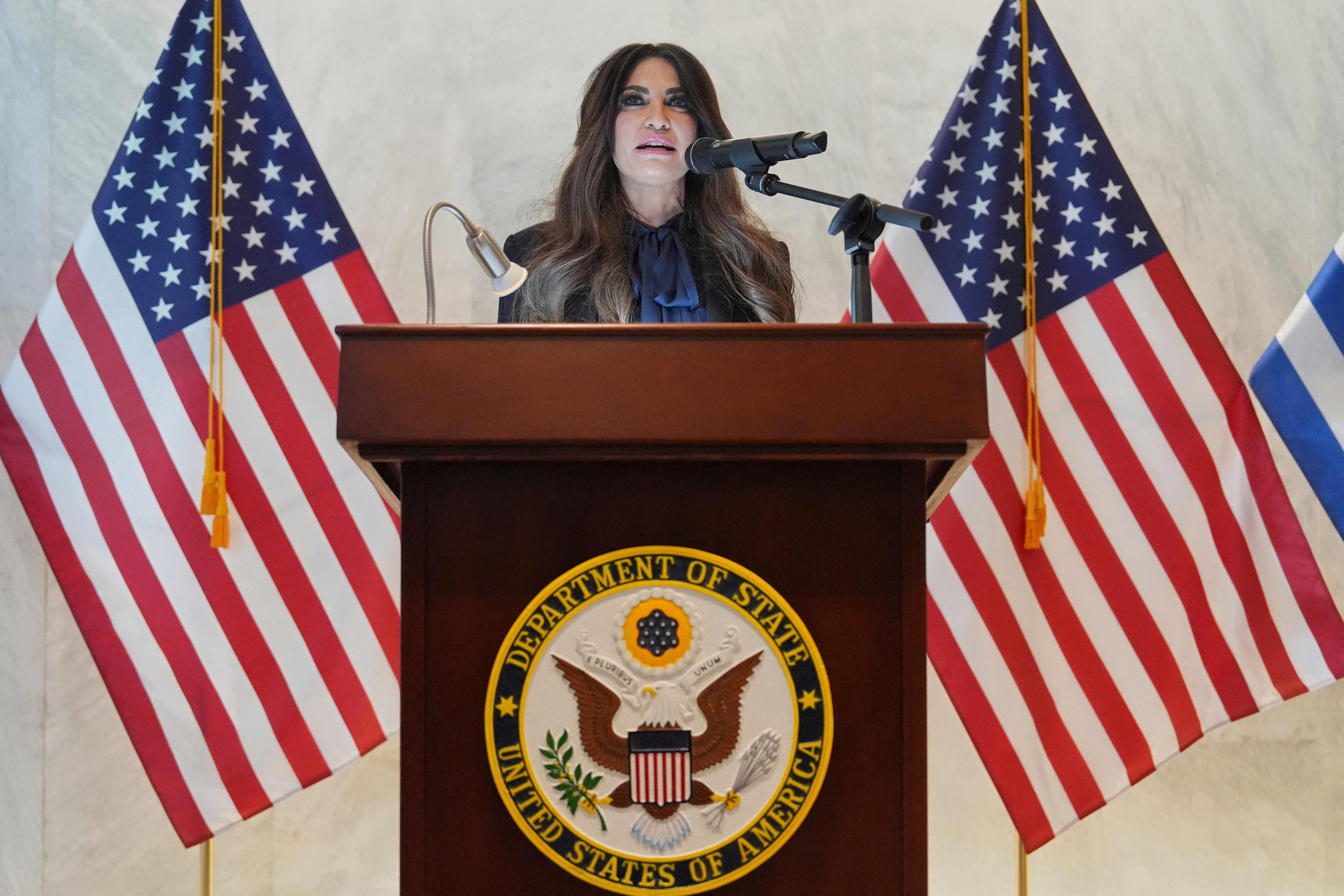 US ambassador to Greece Kimberly Guilfoyle speaks at the US embassy chancery in Athens on October 7. Photo: AFP
