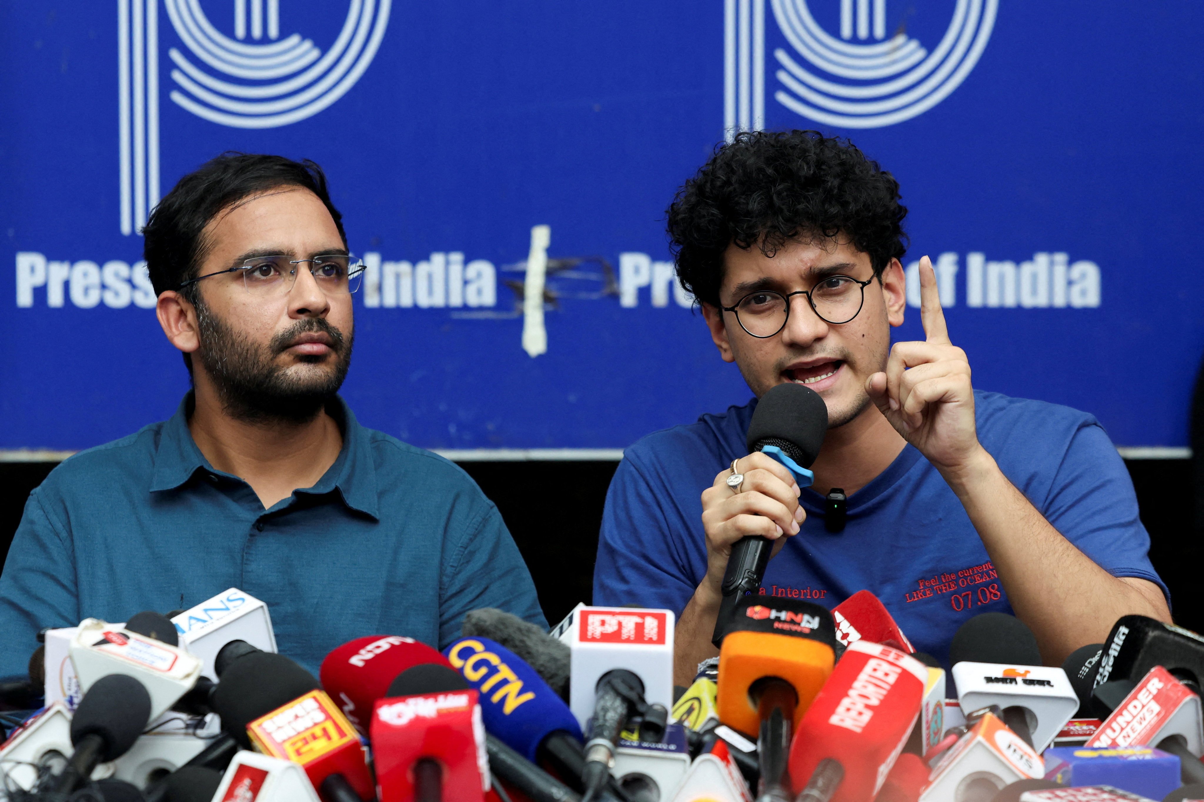 Cockroach Janta Party spokesman Saurav Das speaks alongside co-convener Ashutosh Ranka during a news conference in New Delhi, India, on Sunday. Photo: Reuters
