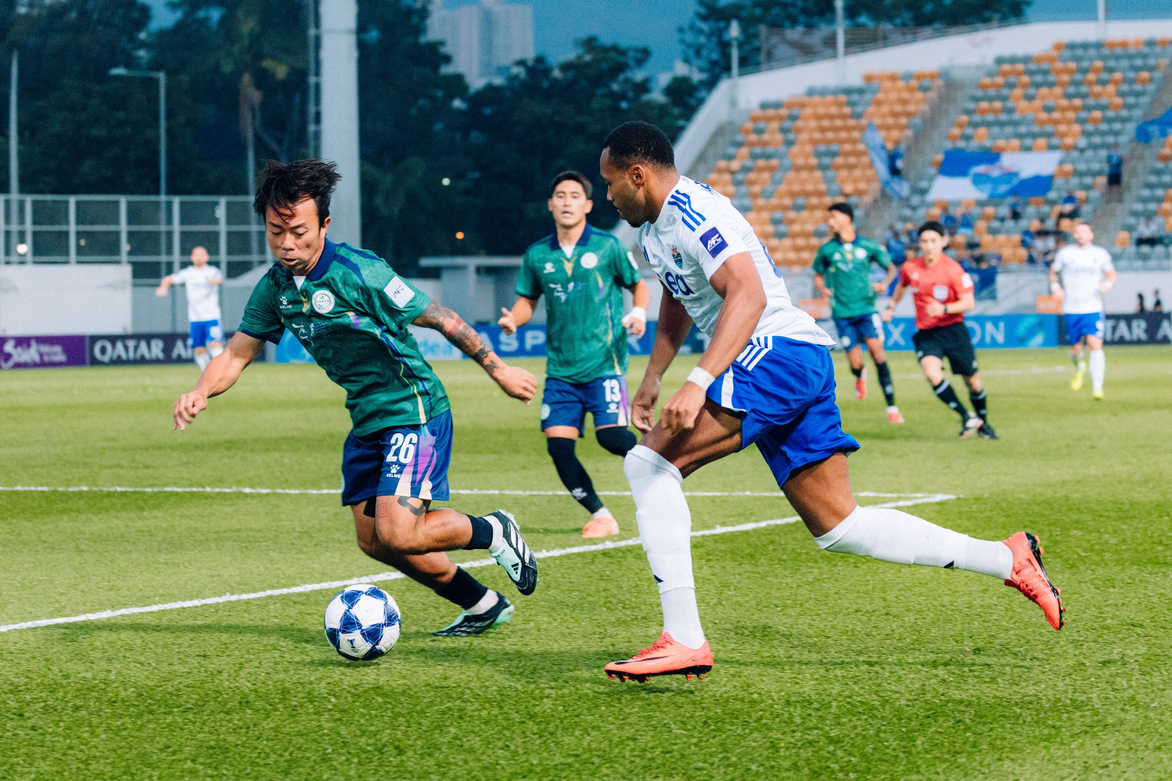 Lion City Sailors goalscorer Matthias Phaeton tries to dodge the attentions of Tai Po right-back Lee Ka-ho. Photo: Lion City Sailors FC