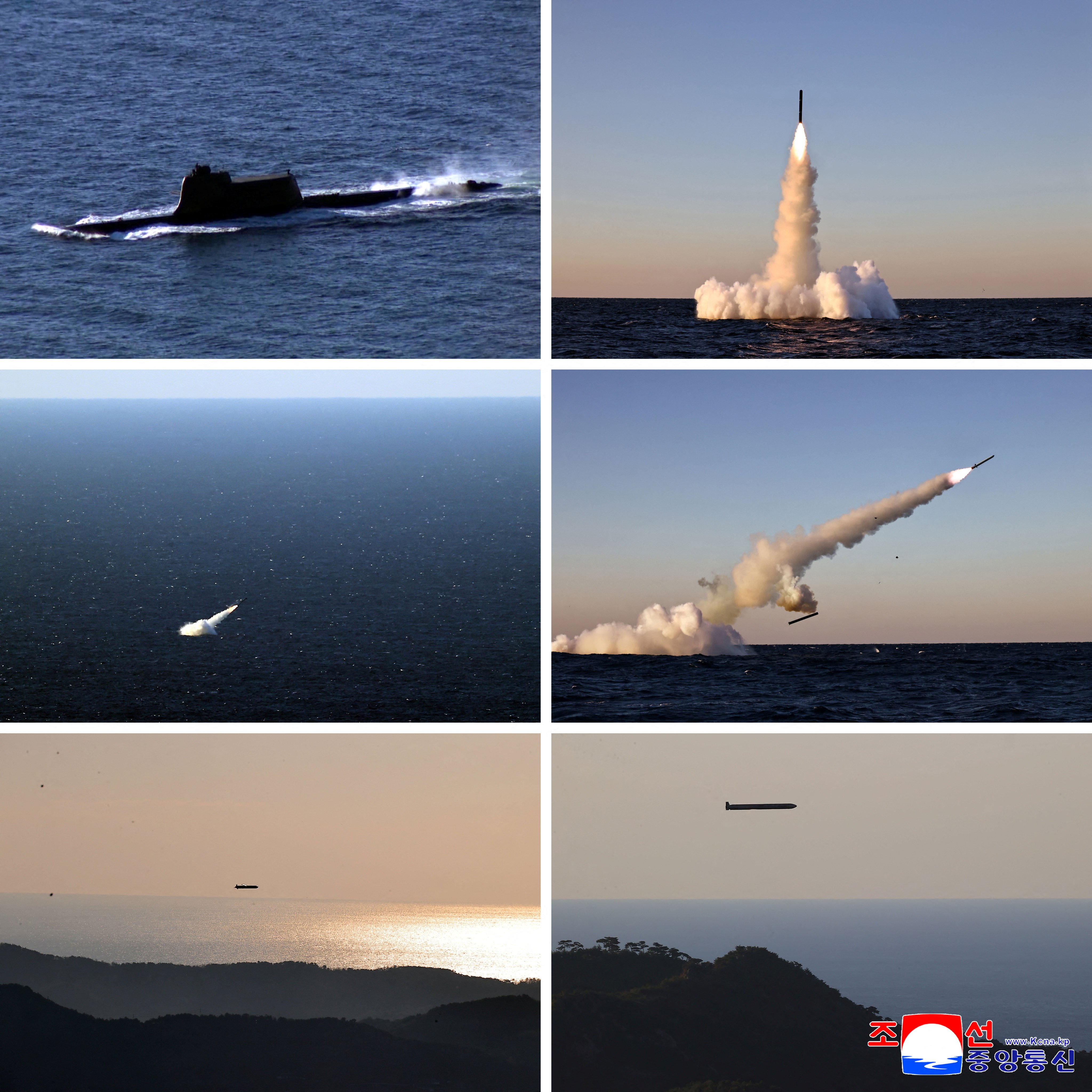 A combination picture shows what state media says are two types of submarine-launched cruise missiles being tested in North Korea on Wednesday. Photo: KCNA via Reuters