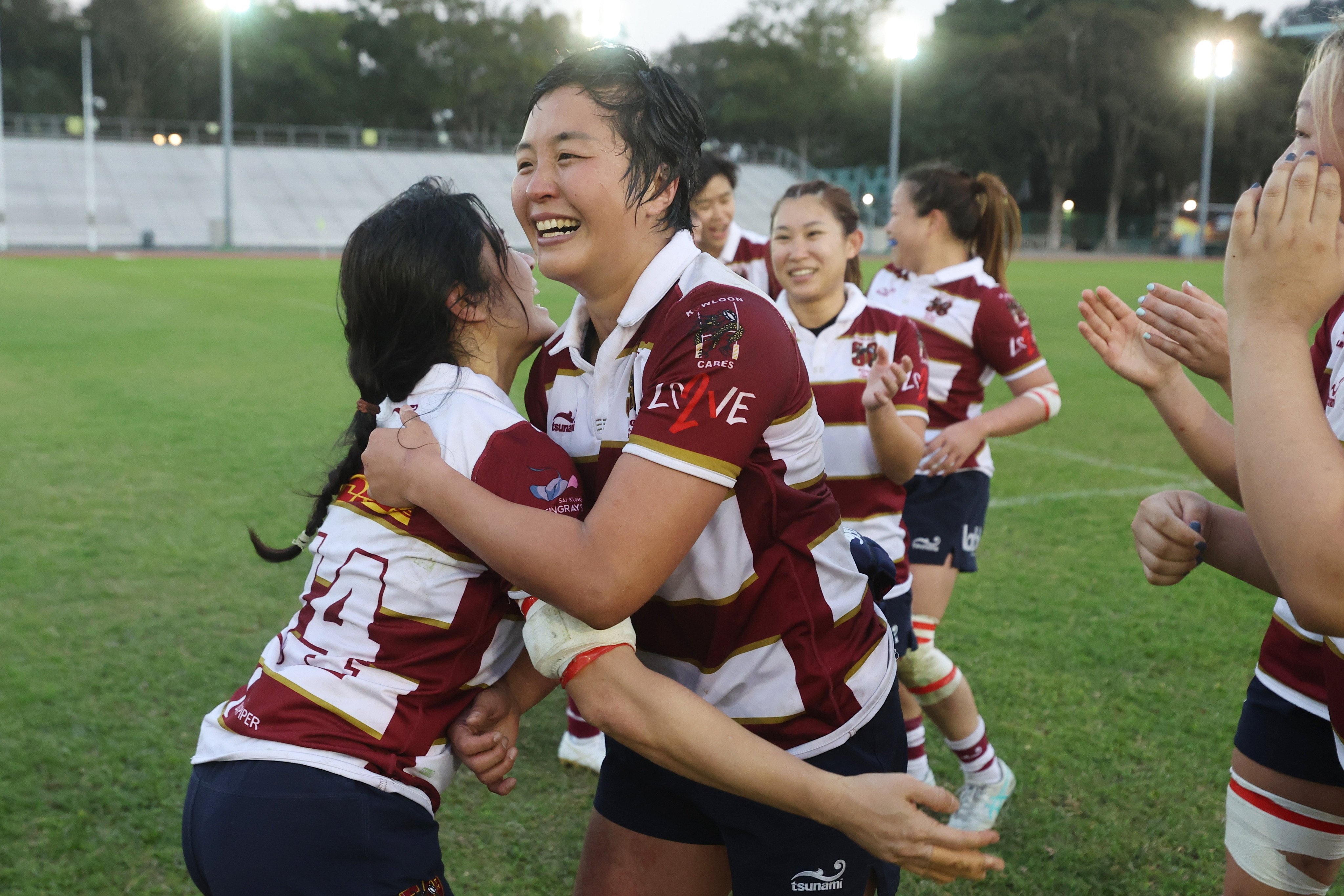 Tsang Sin-yan celebrates with her Kowloon Rugby Football Club teammates after winning a match against Causeway Sandy Bay at Hong Kong’s Aberdeen Sports Ground on January 17, 2026. The Hong Kong international rugby player and Phenomenally Group ambassador talks about her battle with cancer. Photo: Edmond So