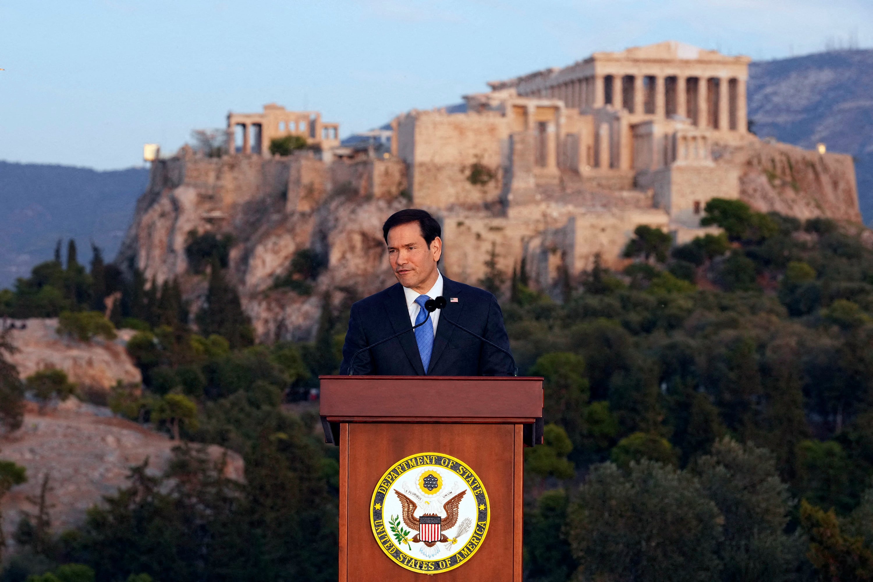 US Secretary of State Marco Rubio speaks at Pnyx hill, where ancient Athenians held democratic assemblies, with the ancient Parthenon temple atop the Acropolis seen in the background, in Athens on October 7. Photo: AFP