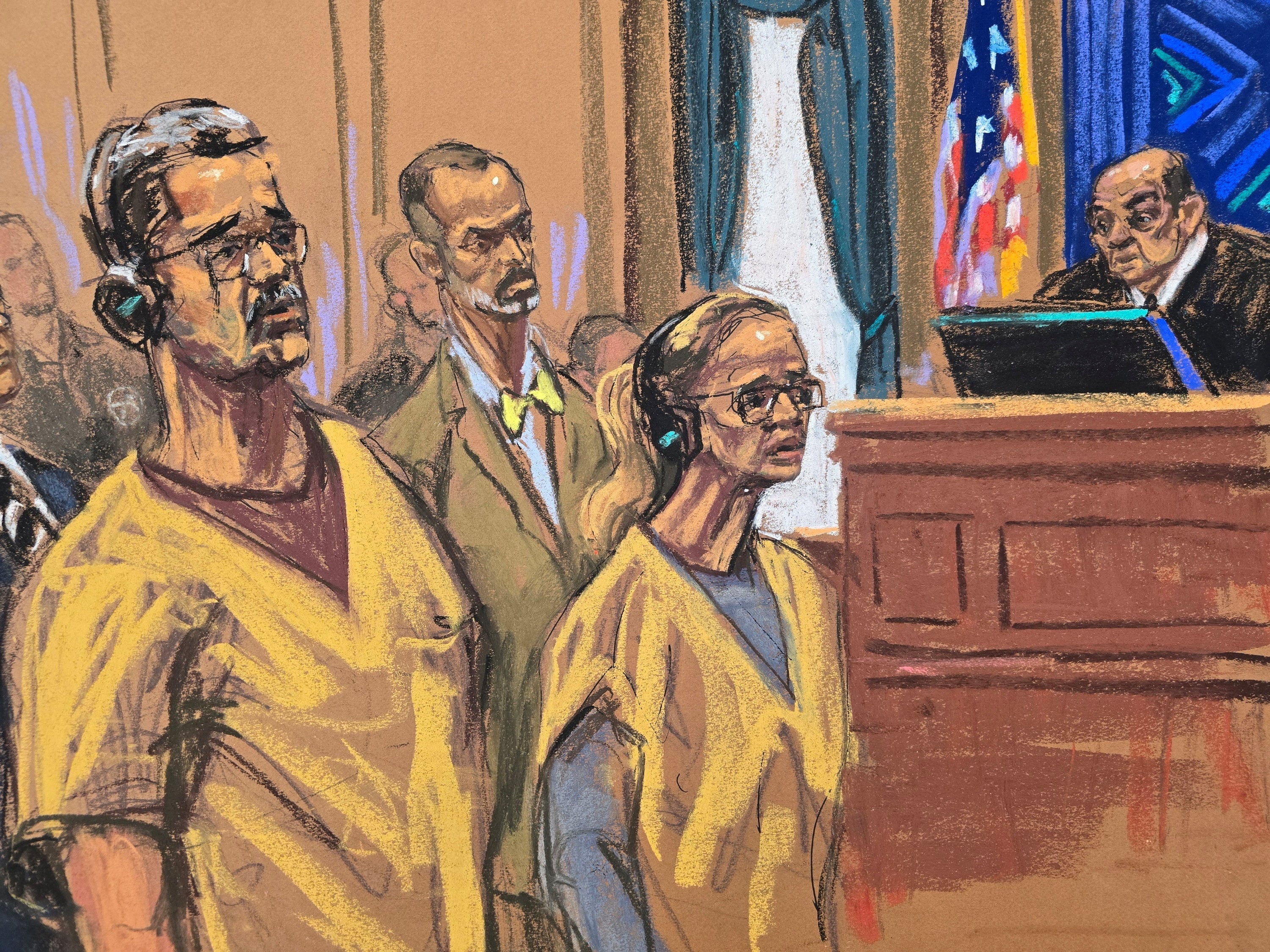 A courtroom sketch shows ousted Nicolas Maduro and his wife Cilia Flores appearing before Judge Alvin Hellerstein in New York on Thursday. Illustration: Jane Rosenberg via Reuters