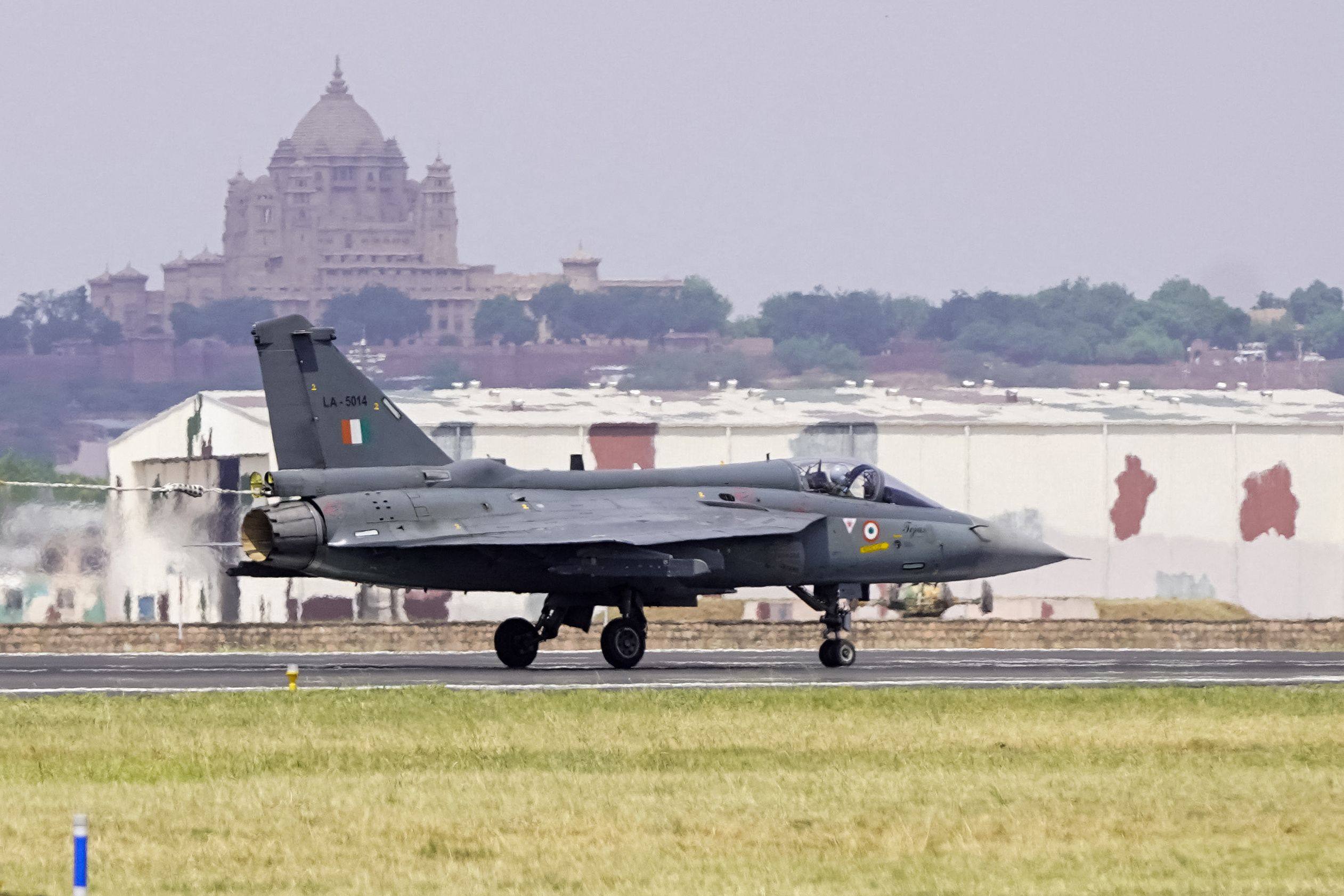 An Indian Air Force HAL Tejas fighter jet seen at an Air Force Station in Jodhpur on September 20. Photo: AFP