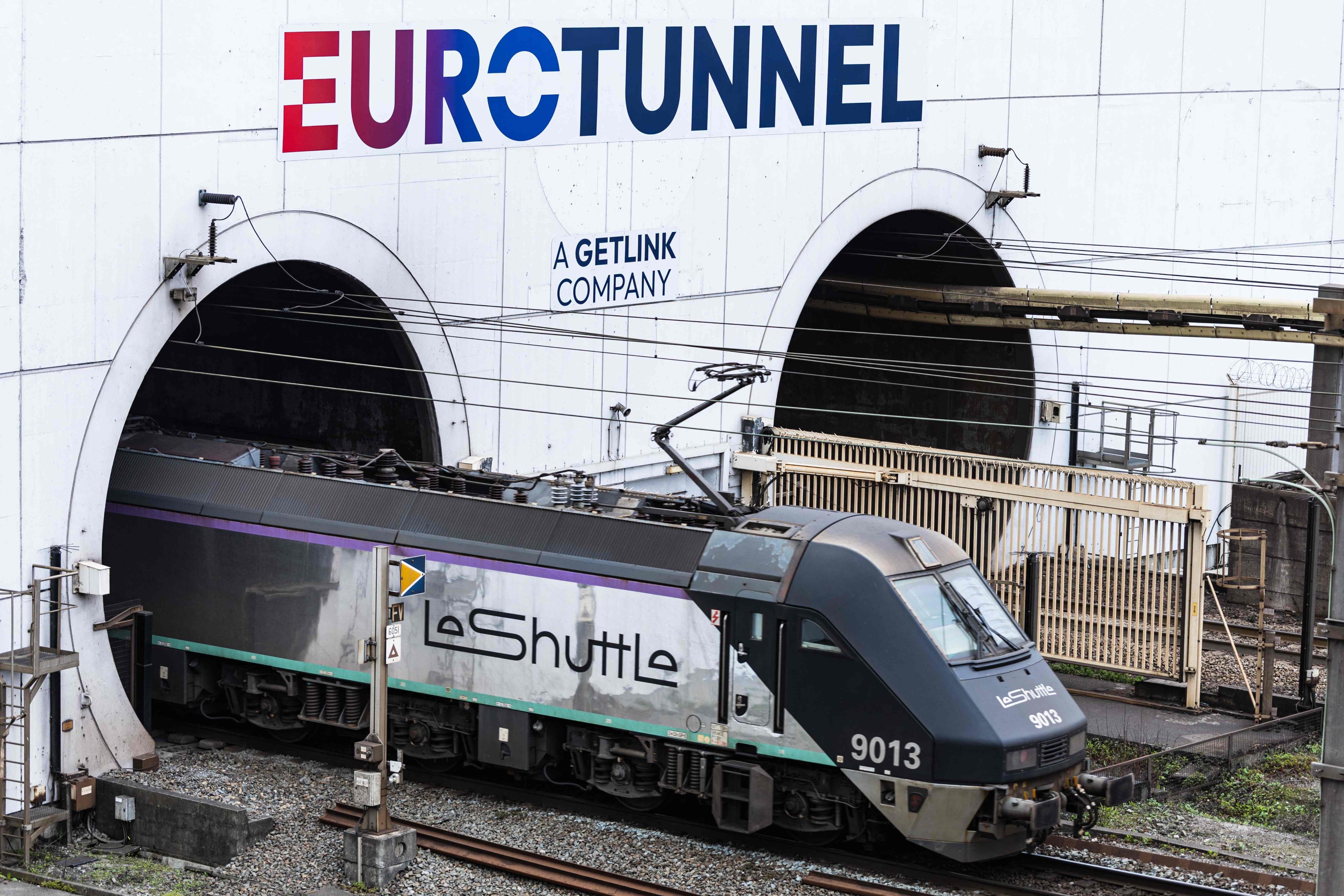 A Eurotunnel shuttle with a “LeShuttle” logo enters the Channel Tunnel in Coquelles, France, in April. Photo: AFP