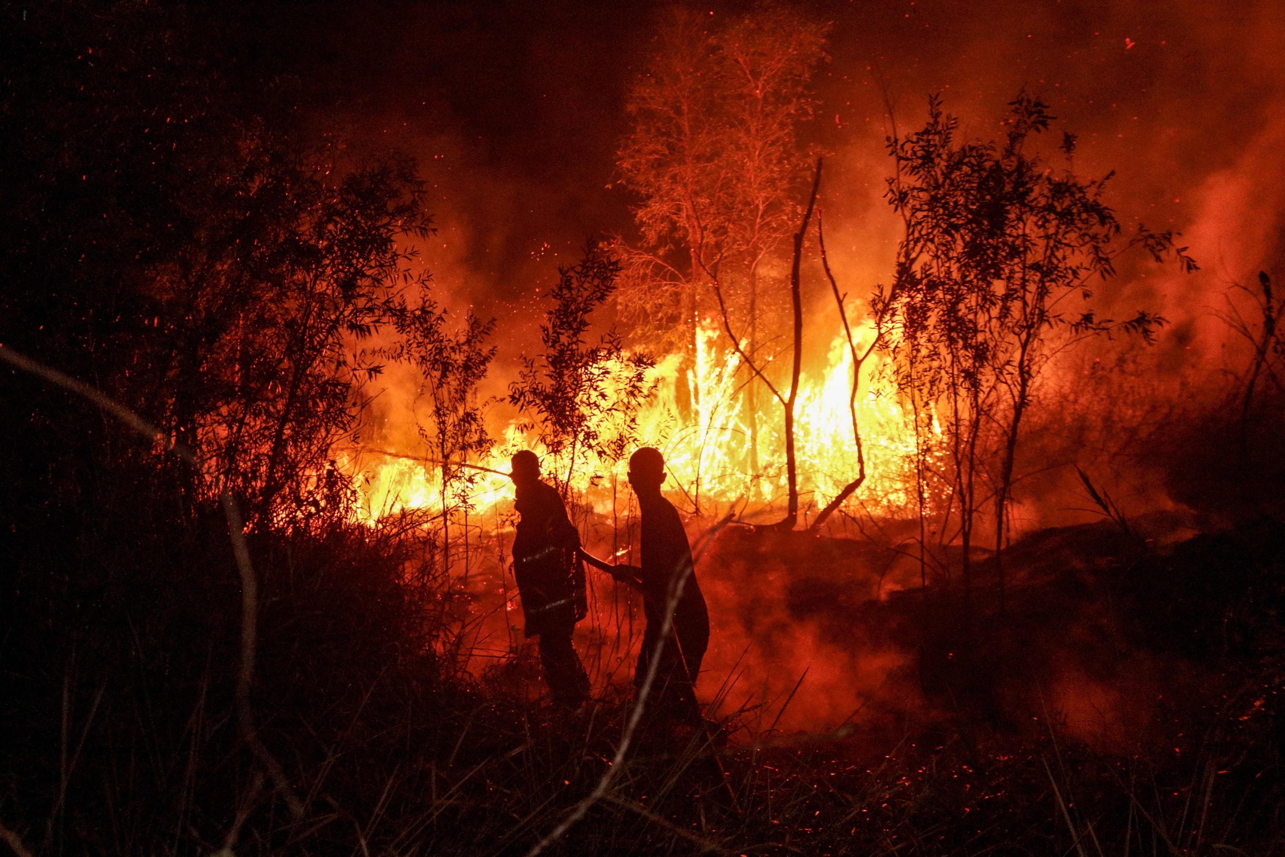 Indonesian firefighters work on containing a wildfire in Banjarbaru, South Kalimantan province, on Tuesday. Photo: AFP