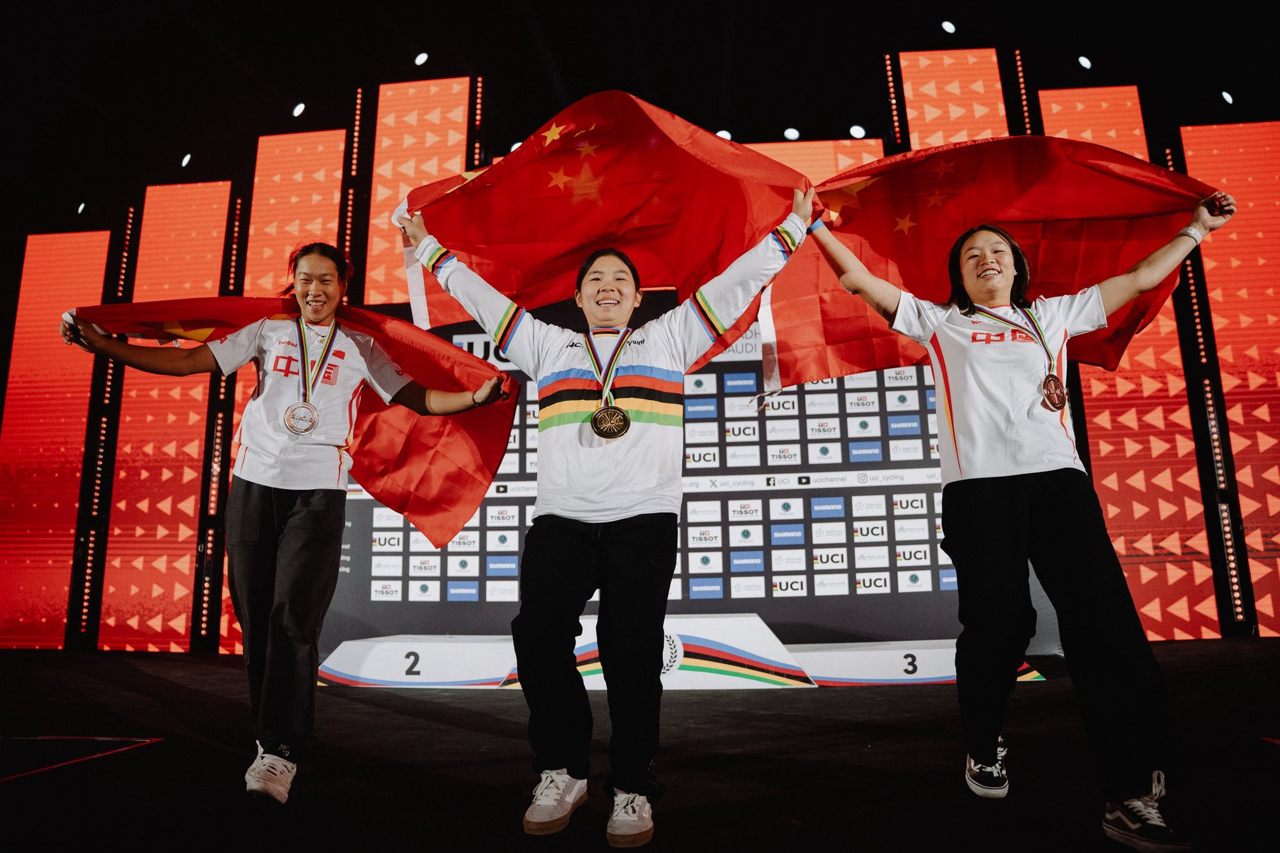 China’s Sun Sibei (centre), Sun Jiaqi (left) and Fan Xiaotong swept the BMX freestyle park final medals at the Urban Cycling World Championships in Riyadh last year. Photo: UCI BMX Freestyle