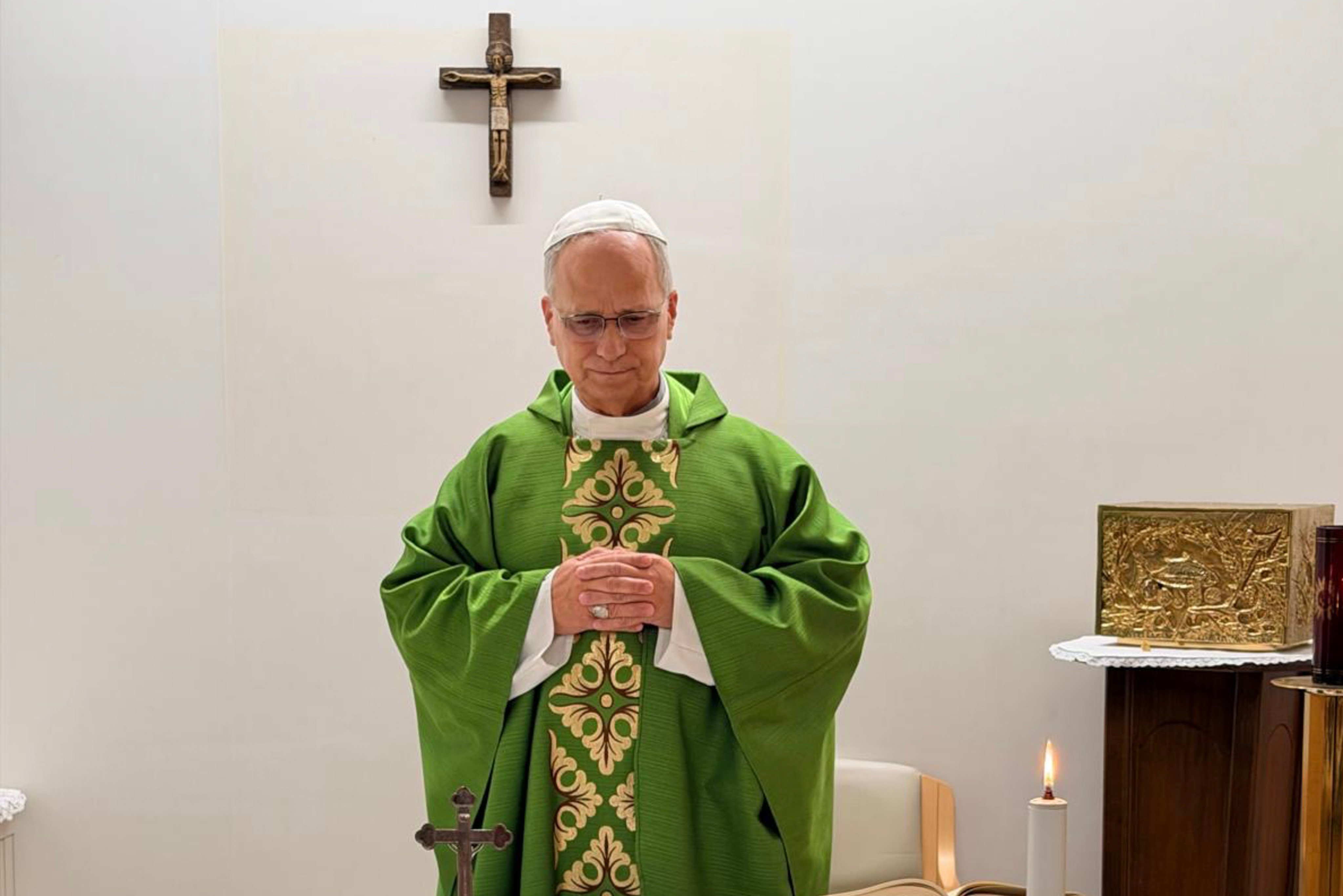 Pope Leo celebrates mass at the Agostino Gemelli Polyclinic in Rome on Friday. Photo: Vatican Media via AP