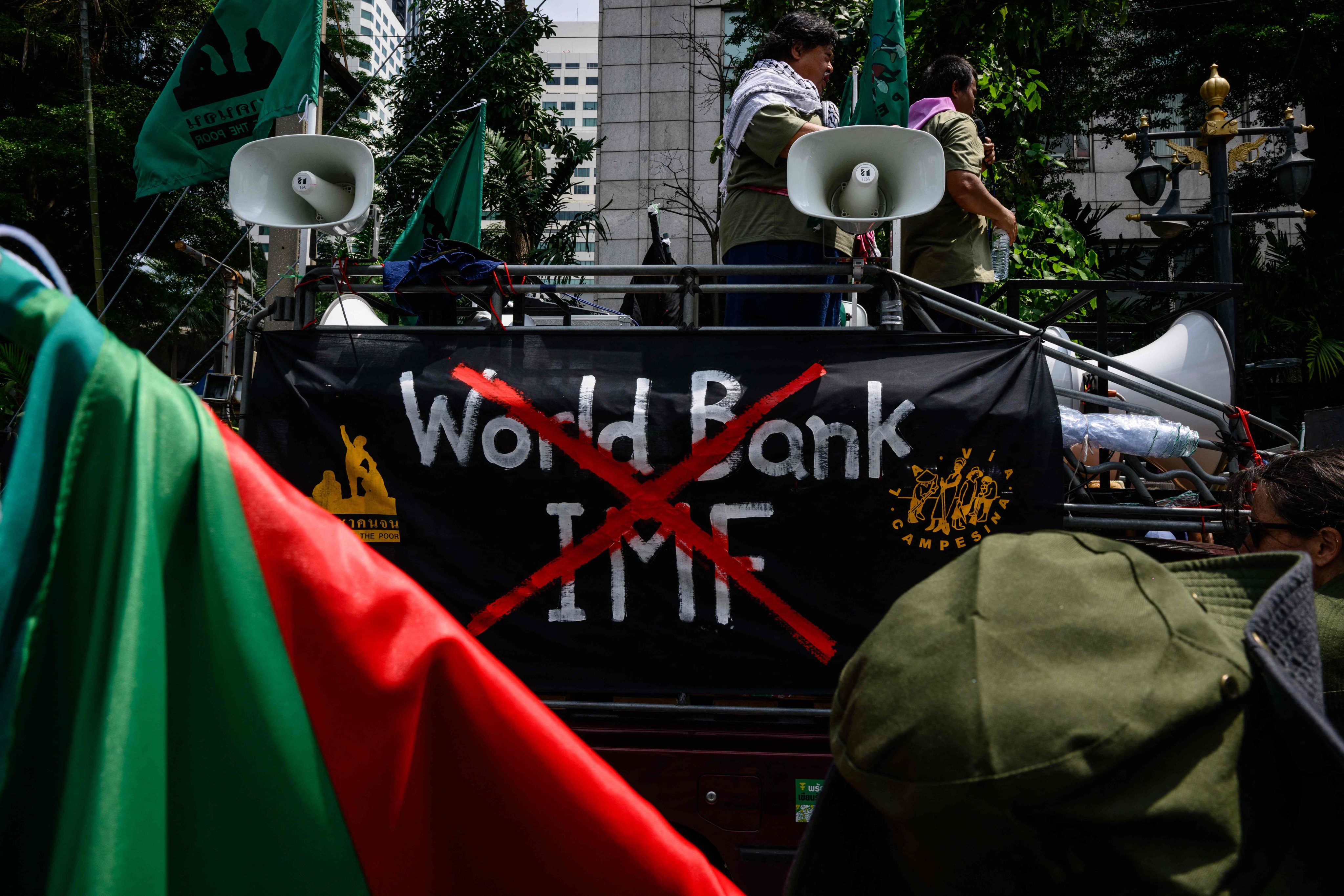 Demonstrators attend a protest against the IMF and World Bank in Bangkok on Friday. Photo: AFP