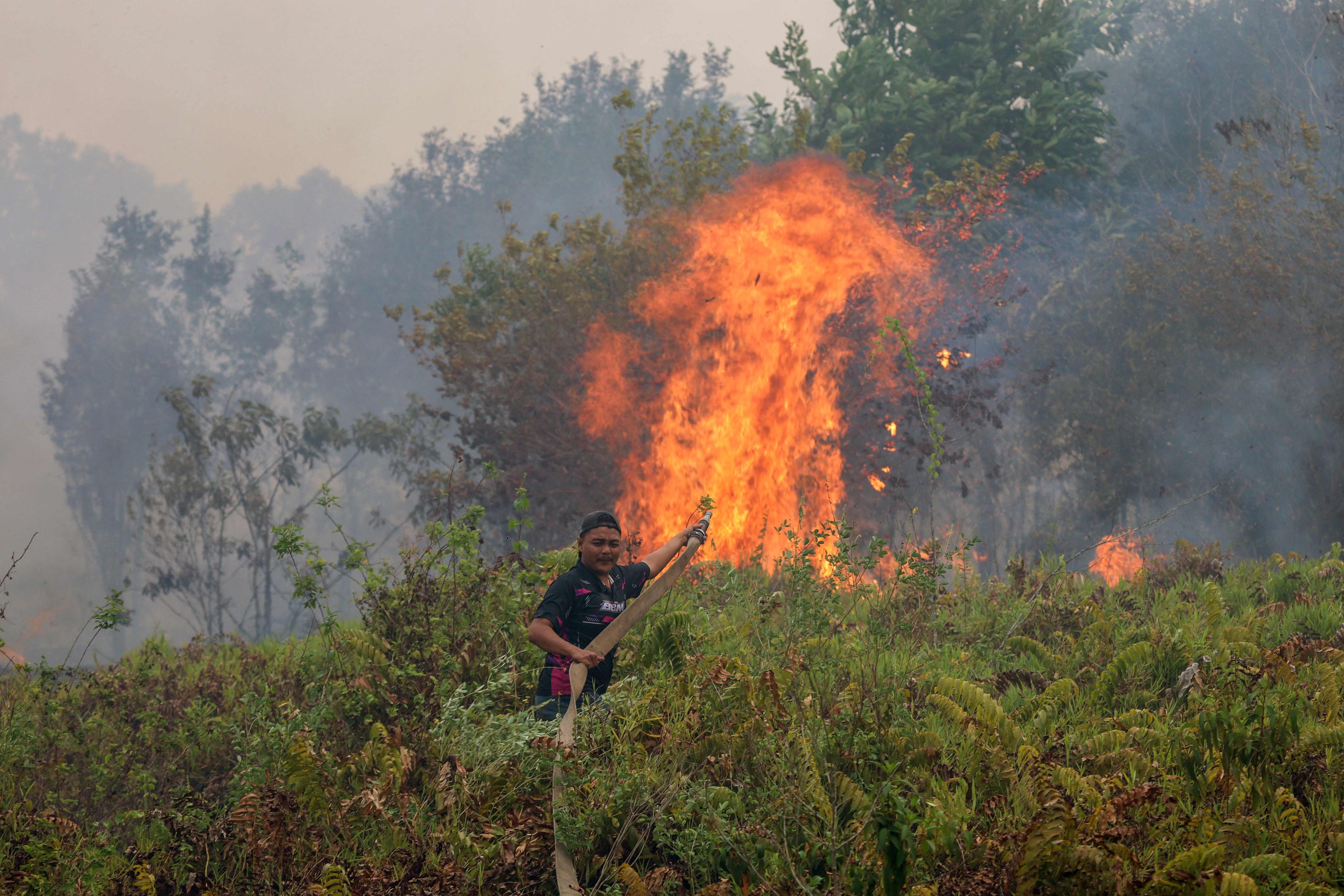 A firefighter extinguishes a fire at Sungai Tabuk village in South Kalimantan on Friday. Photo: AFP