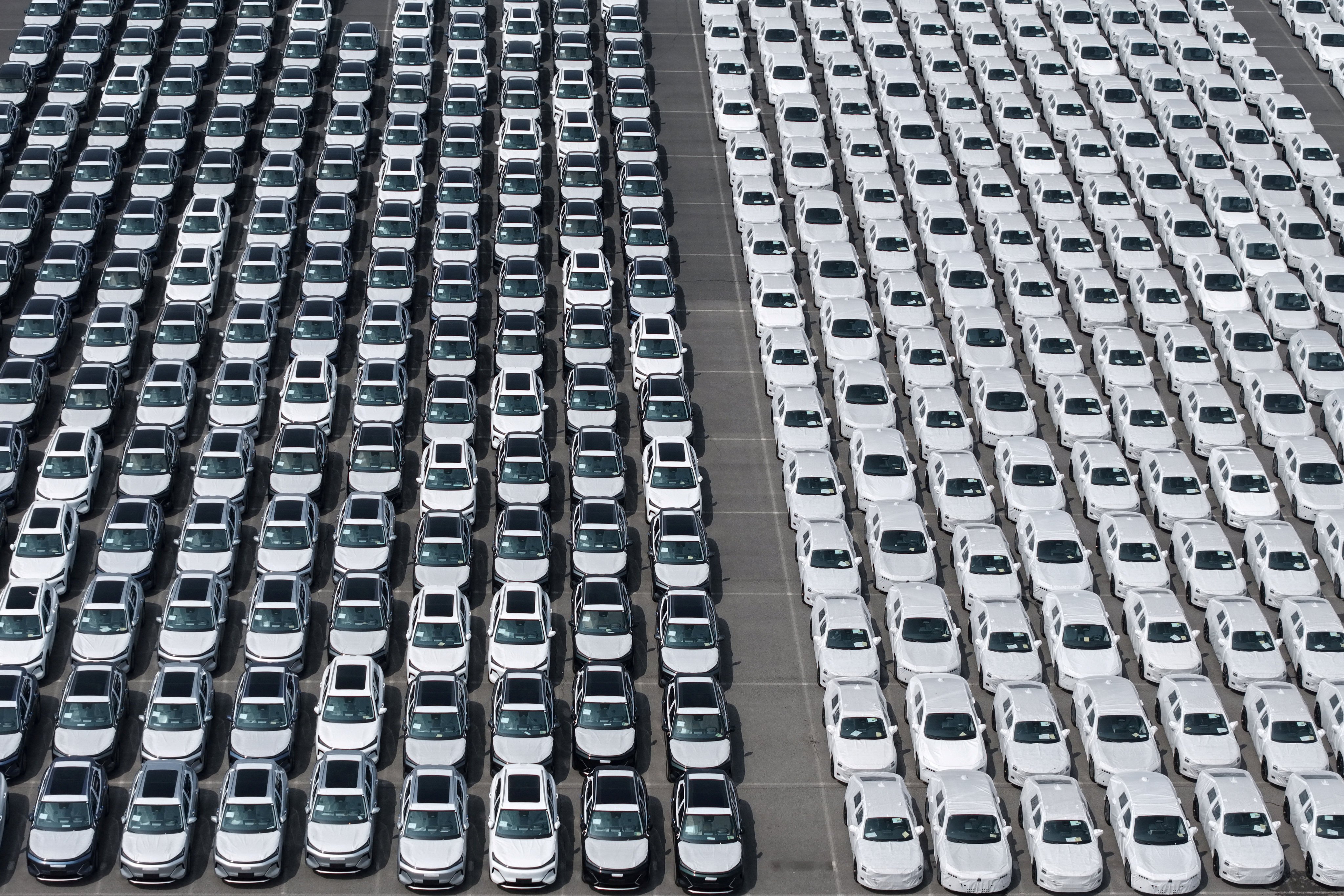 Cars lined up at an export terminal at a port in Shanghai. Photo: Reuters
