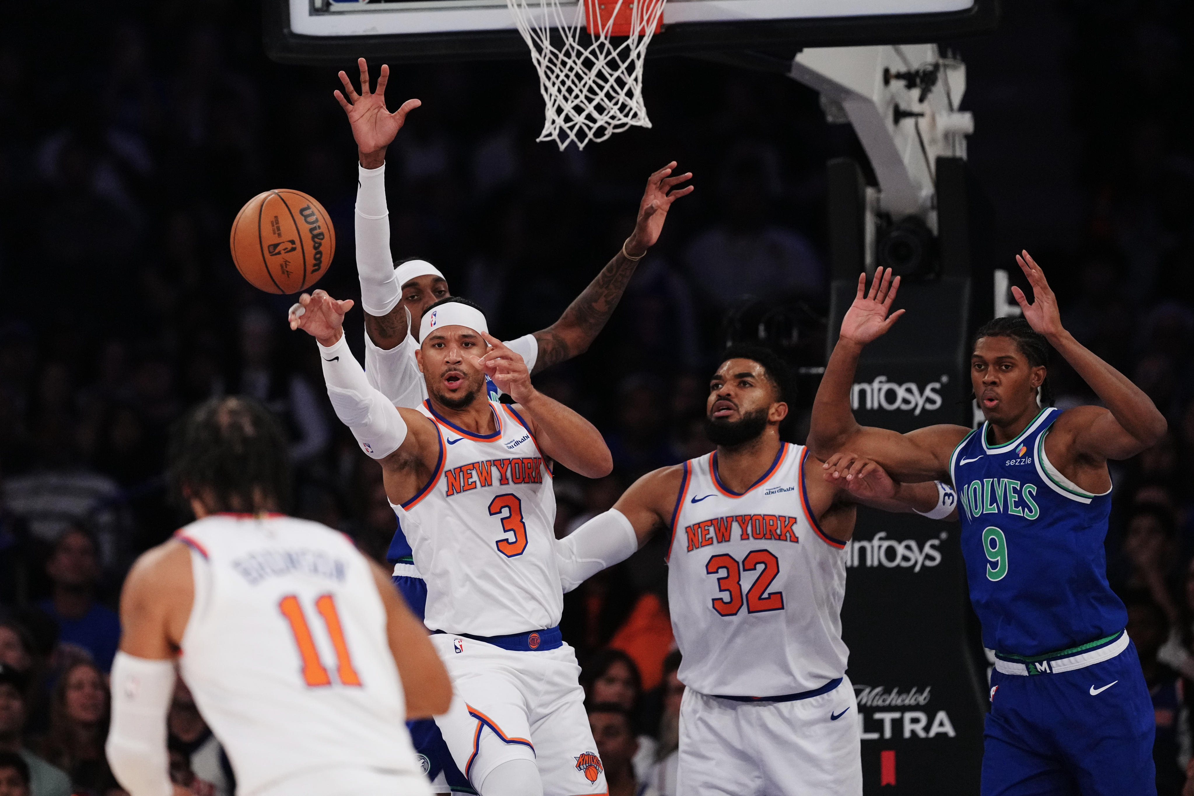 New York’s (from left) Jalen Brunson, Josh Hart and  Karl-Anthony Towns, in action against the Minnesota Timberwolves on Monday, are all returning for the Knicks' title defence. Photo: AP