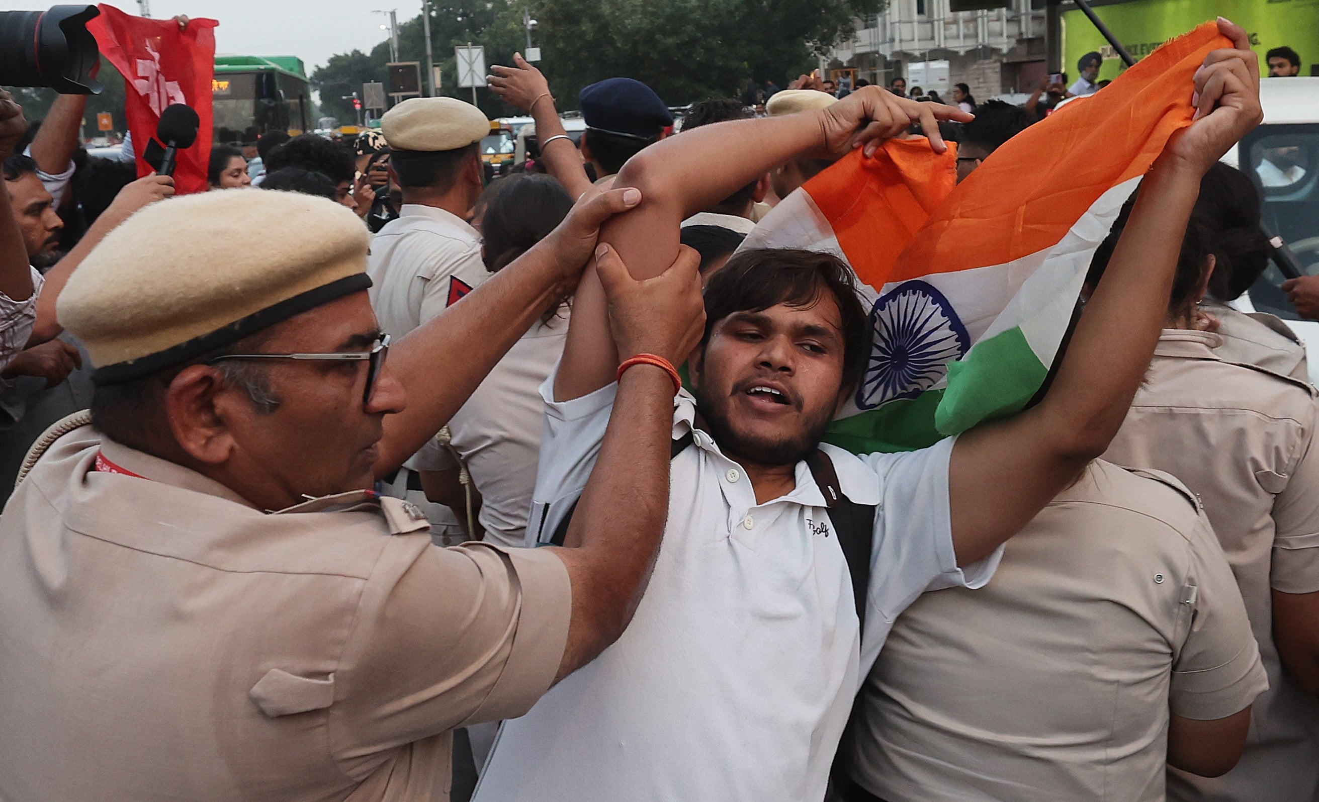 Indian police detain activists at a protest in Delhi on Friday. Photo: EPA