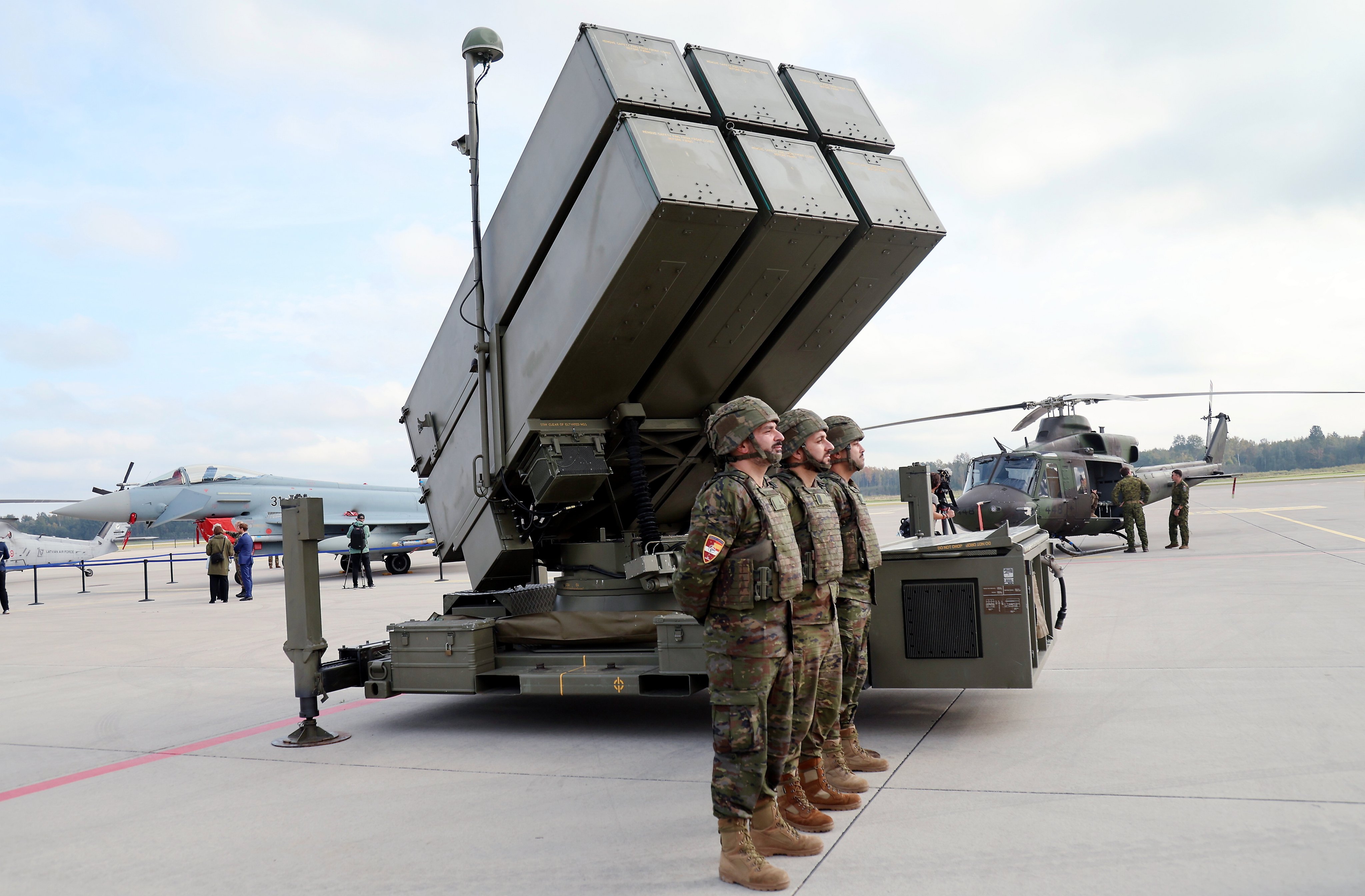 A Spanish Air Force NASAMS air defense launcher stands before other Nato weapons during a Nato Media Day at Lielvarde Air Base, Latvia, on October 1. Photo: EPA-EFE