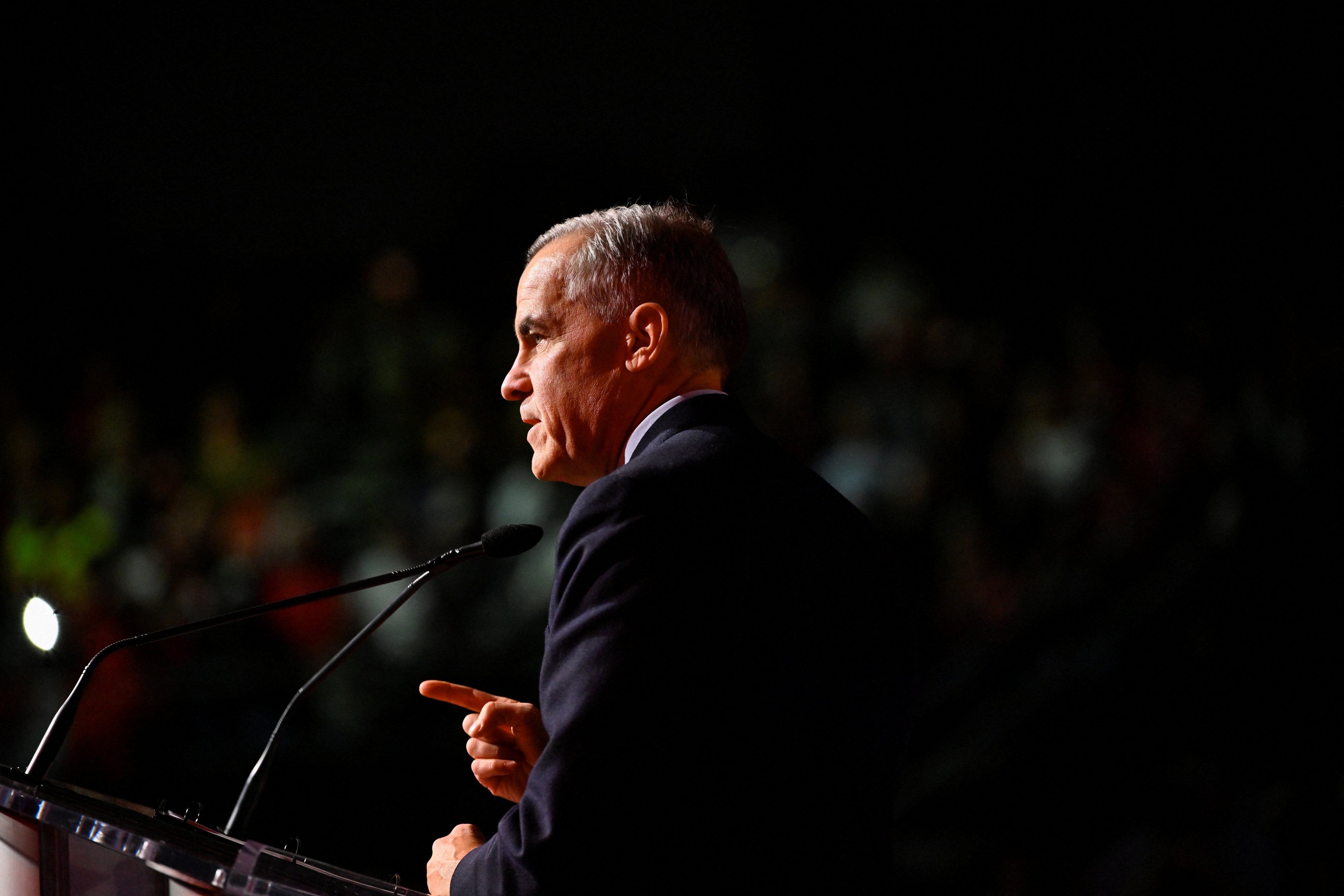 Canada’s Prime Minister Mark Carney speaks at a rally in Edmonton, Alberta, on Friday. Photo: Reuters