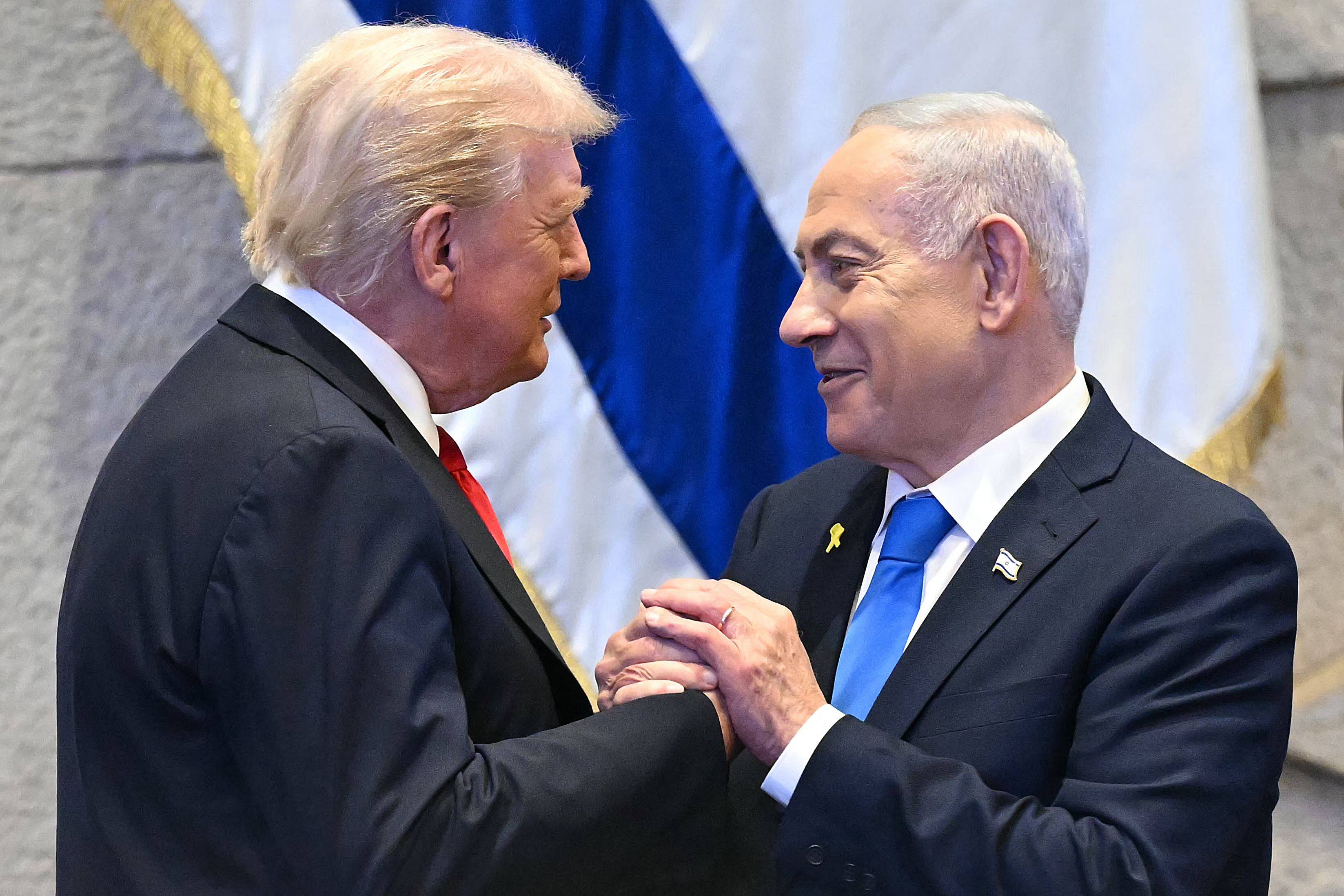 US President Donald Trump and Israeli Prime Minister Benjamin Netanyahu at the Israeli parliament, the Knesset, in Jerusalem on October 13, 2025. Photo: AFP