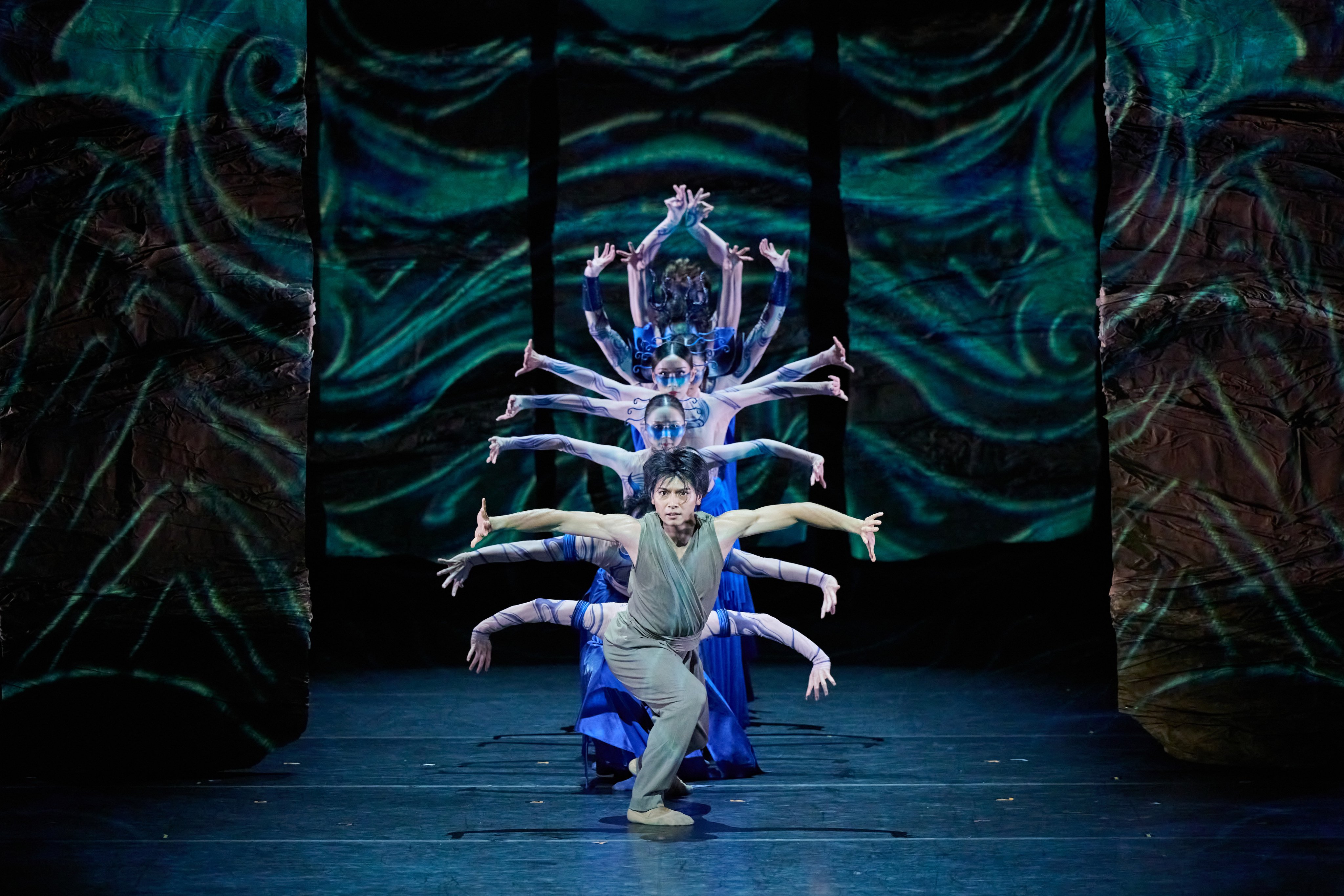 Gouta Seki (centre, front) with Hong Kong Ballet dancers on stage for Dunhuang: In Search of Light during its premiere on October 16, 2026. Photo: Conrad Dy-Liacco