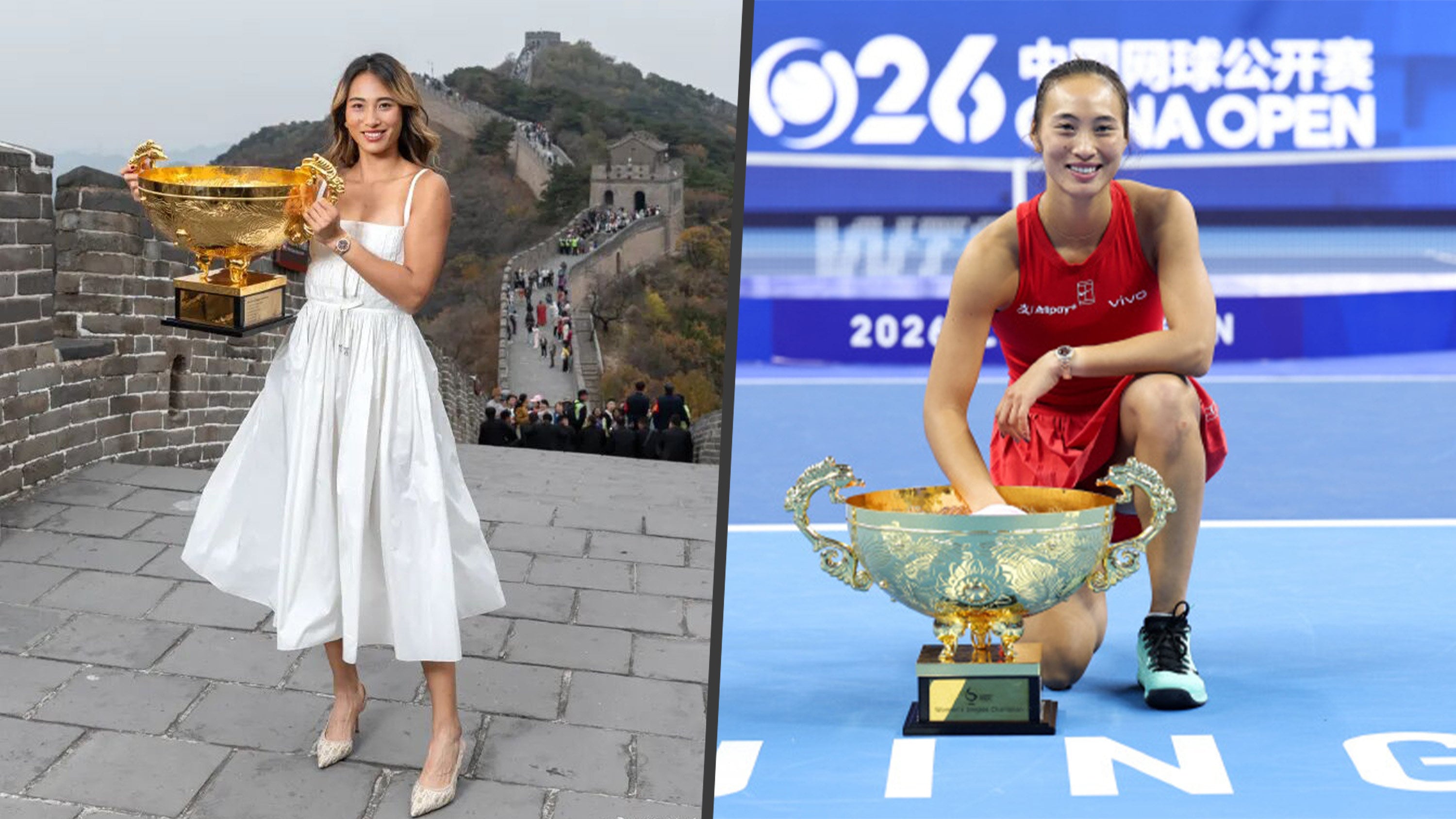 Chinese tennis star Zheng Qinwen faces online criticism after posing with her China Open trophy on the Great Wall in a white dress and high heels. Photo: SCMP composite/Weibo
