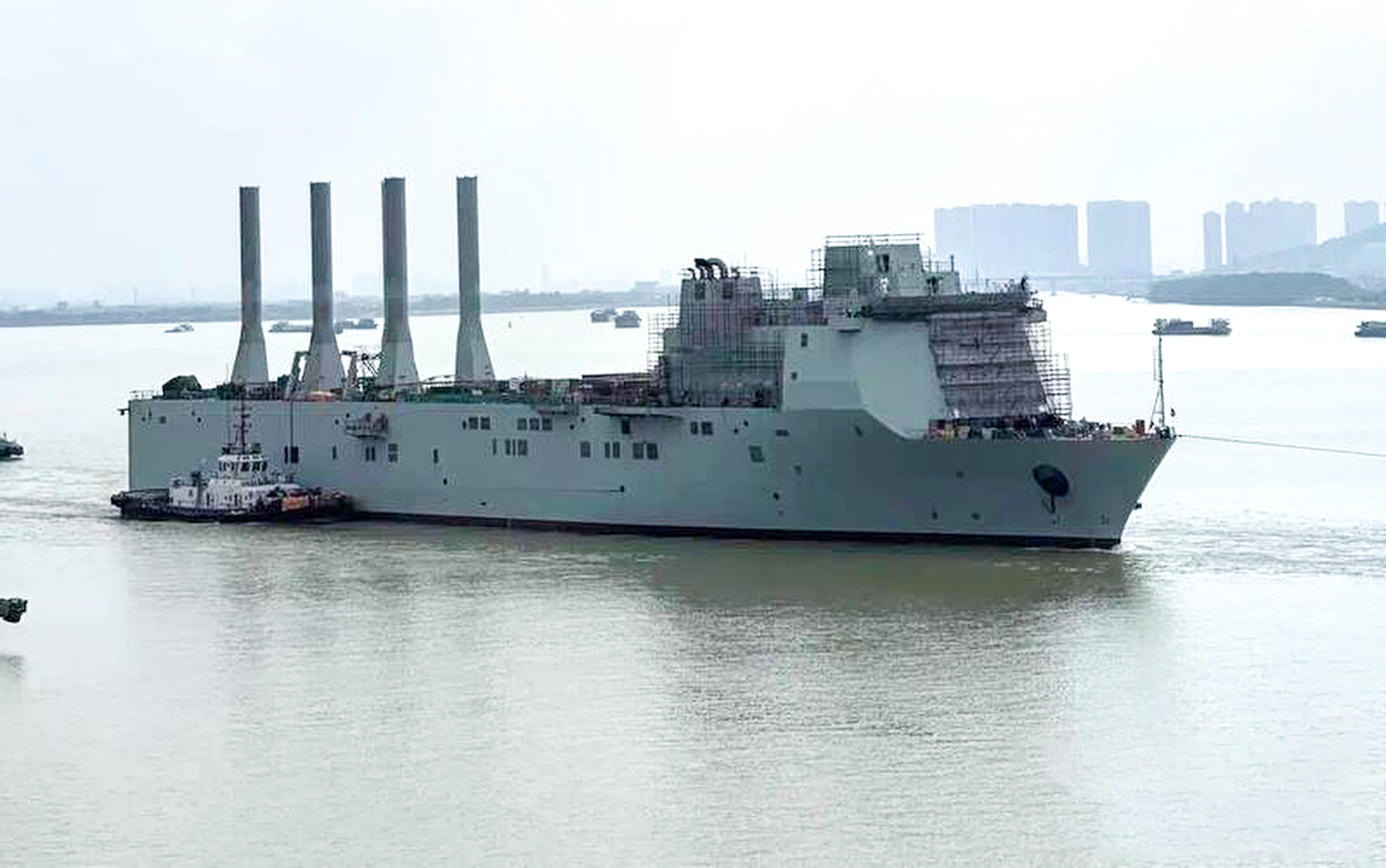 A vessel spotted on the Pearl River features conspicuous vertical structures at the stern that naval analysts believe could be used to lower large underwater drones into the water and recover them. Photo: Handout