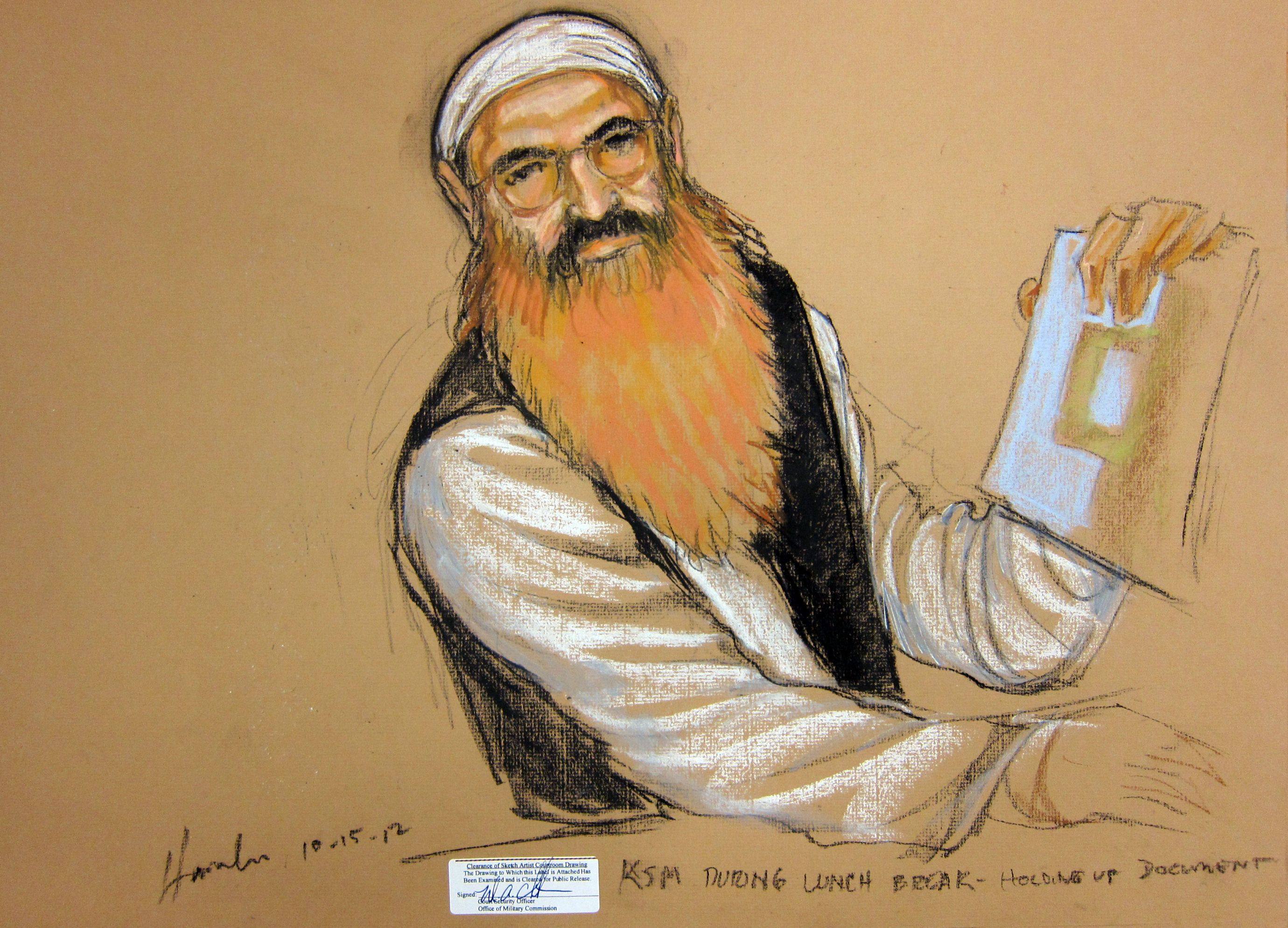 Khalid Sheikh Mohammed at a Military Commissions hearing in 2012 at the US Navy base Guantanamo Bay, Cuba. Image: Janet Hamlin via AFP