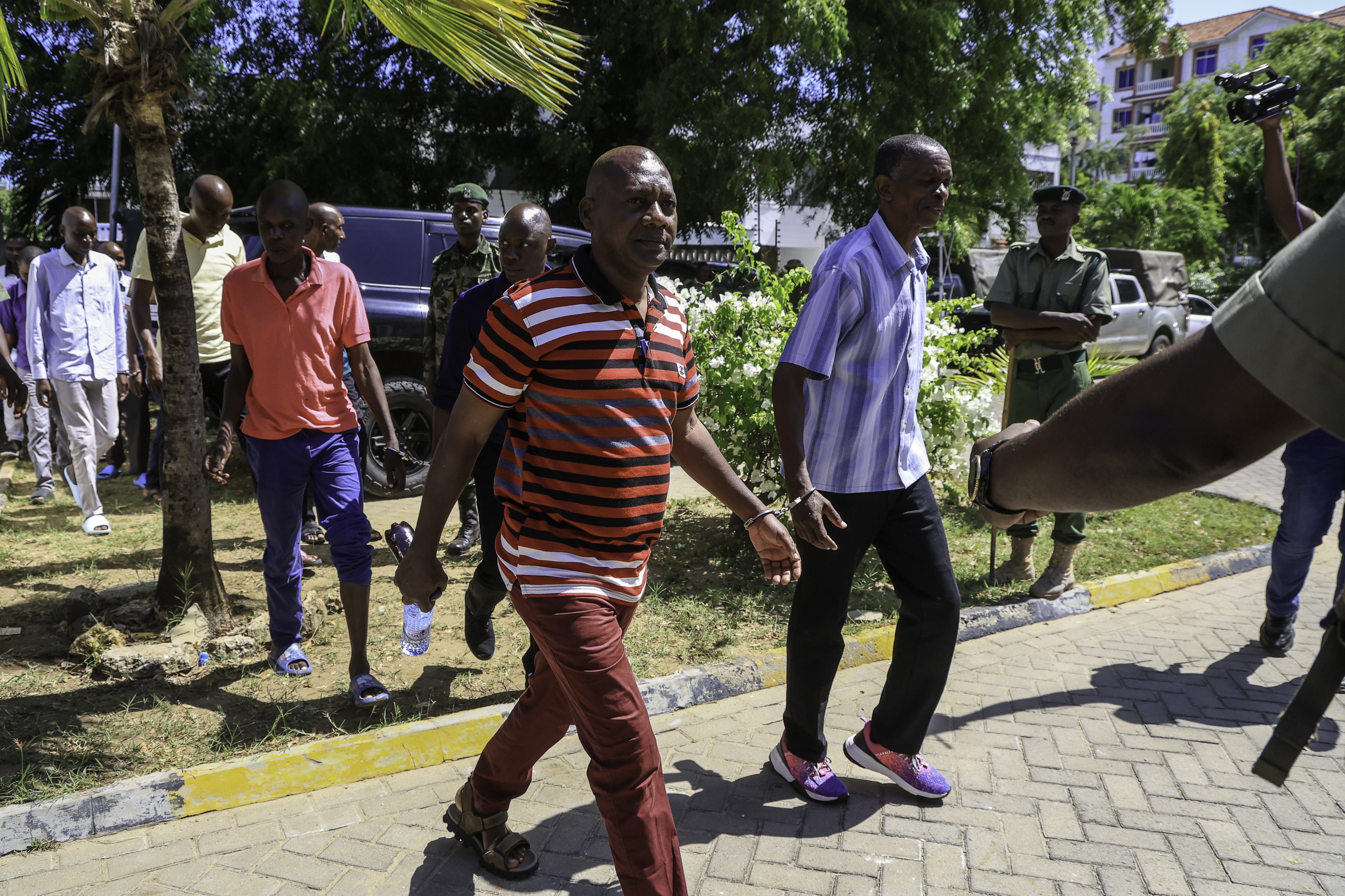 Self-proclaimed pastor Paul Mackenzie (middle) alongside his co-accused seen during their murder trial judgment at the Mombasa Law Courts in Kenya on Monday. Photo: EPA