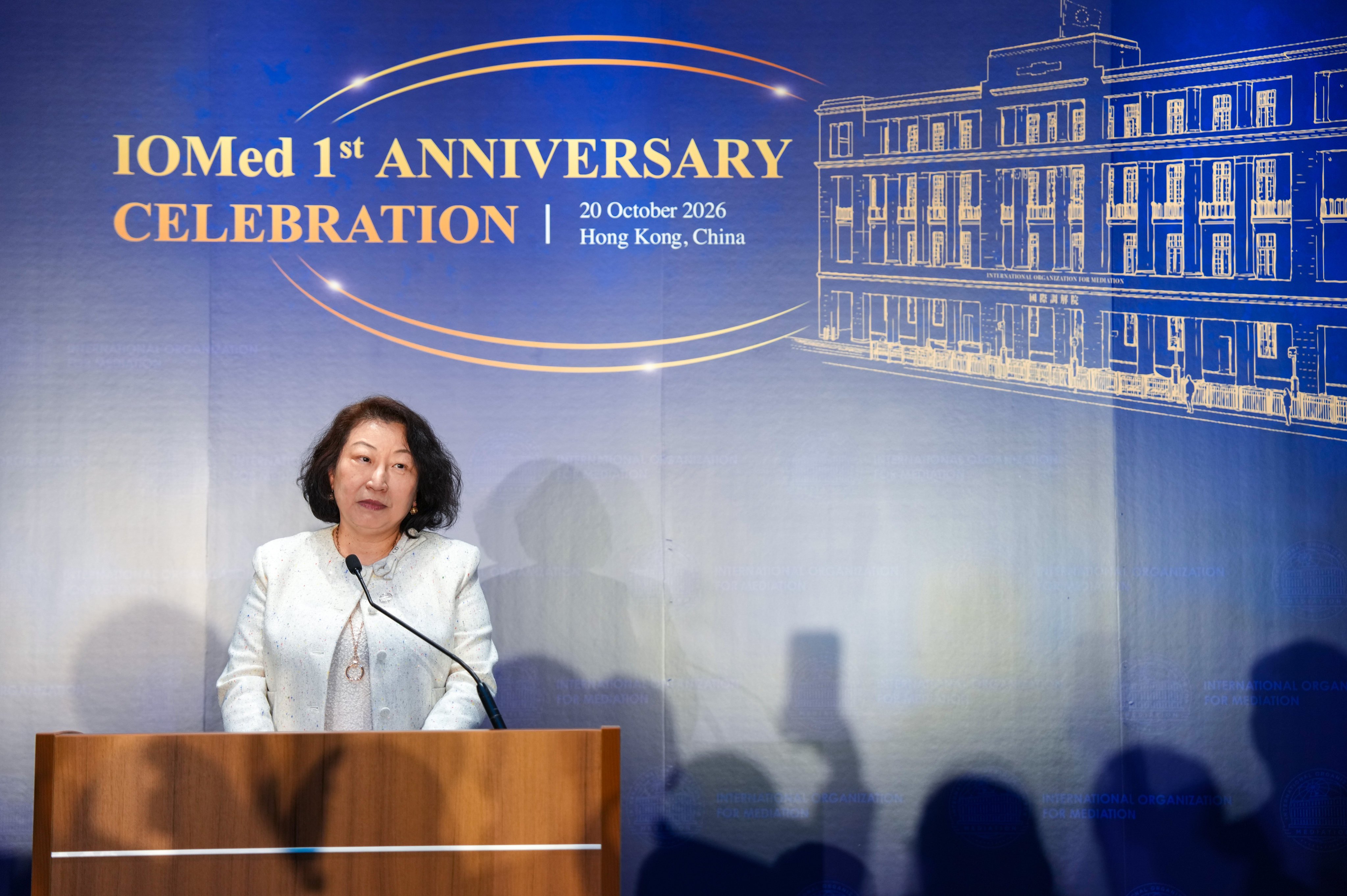 Teresa Cheng delivers a speech at IOMed’s first anniversary celebration. Photo: Kit Lai