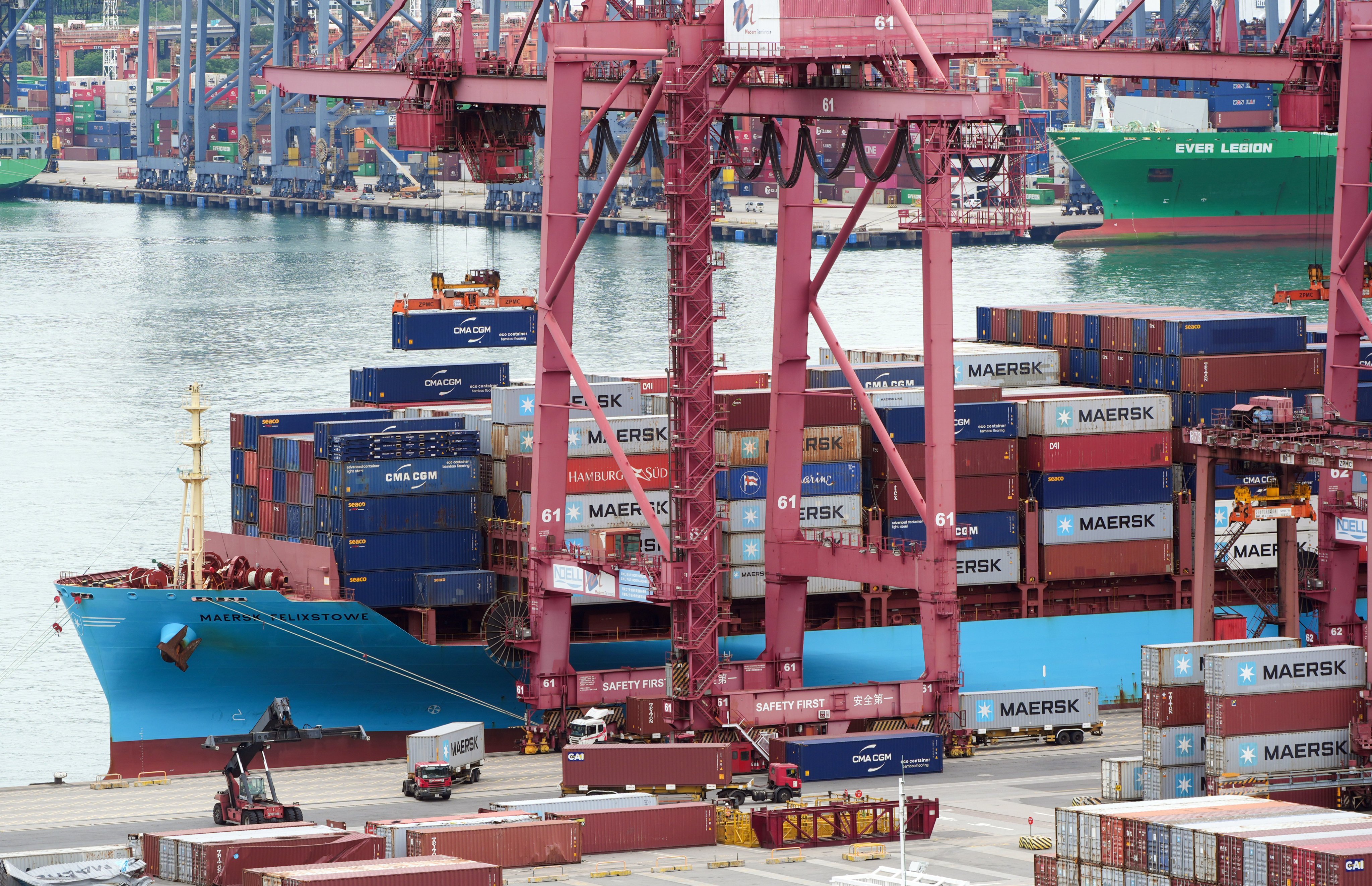 A ship is docked at the Kwai Tsing Container Terminals on June 3, 2025. Hong Kong exports rose 42.5 per cent year on year in the first eight months of 2026, driven largely by AI-related equipment and high-value electronic components. Photo: Eugene Lee