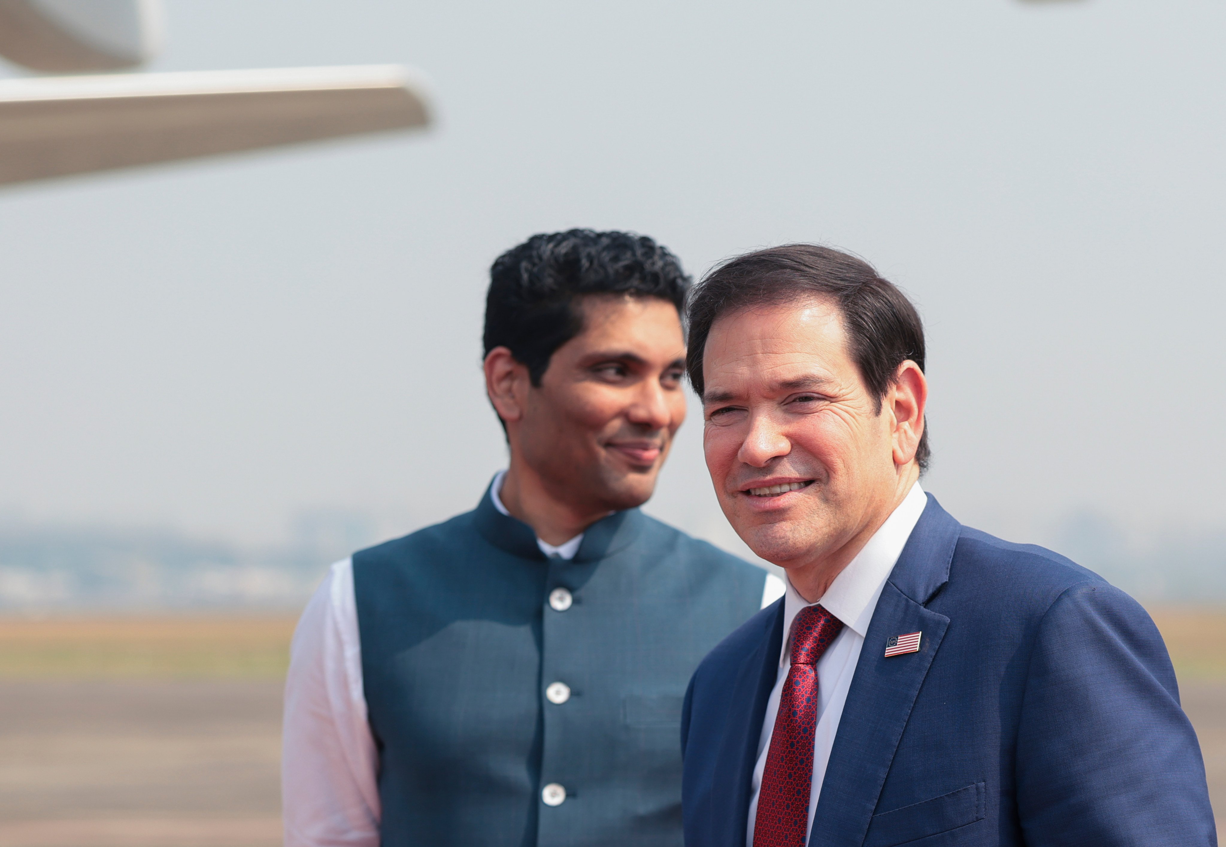 US Secretary of State Marco Rubio leaves Mumbai for Jamnagar, India, on Wednesday, accompanied by local officials. Photo: AP