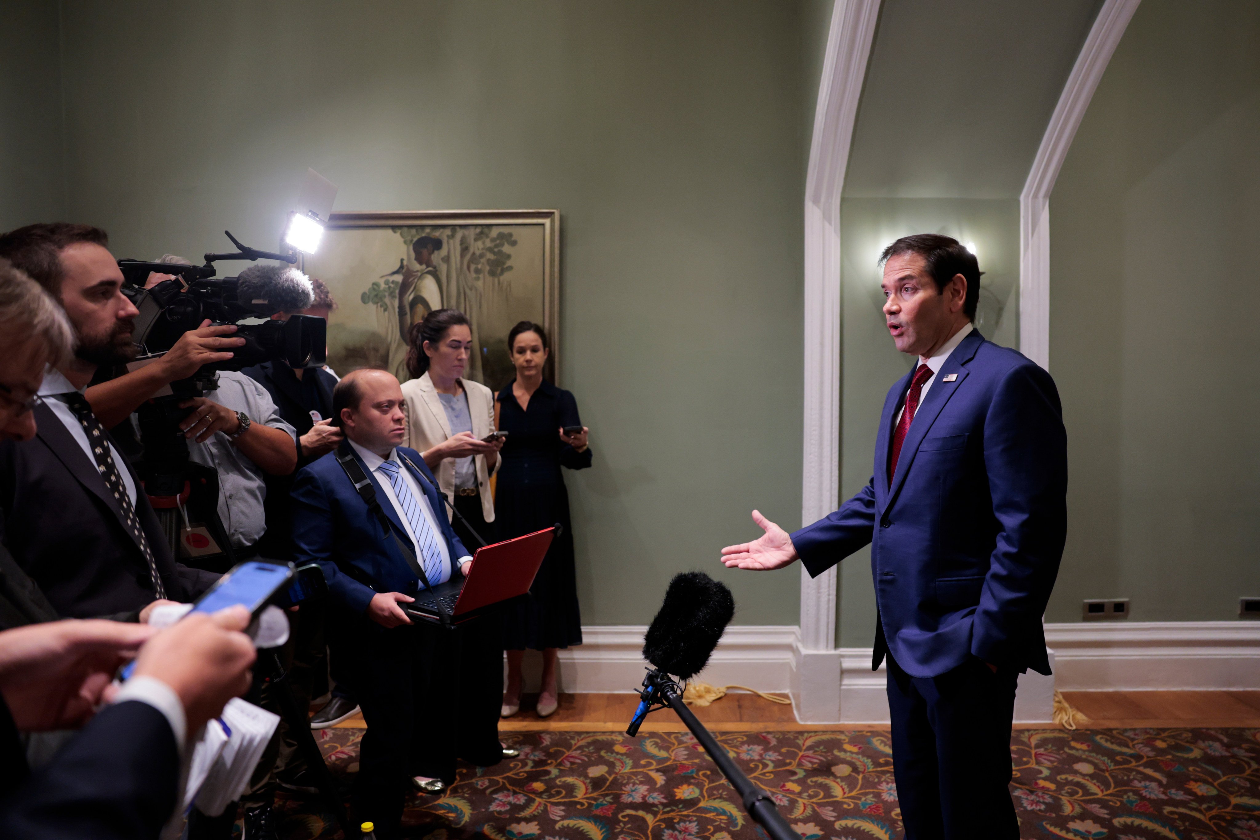 US Secretary of State Marco Rubio addresses reporters at the Taj Mahal Palace hotel in Mumbai, India, on Wednesday. Rubio is visiting India from October 20-21. Photo: AP