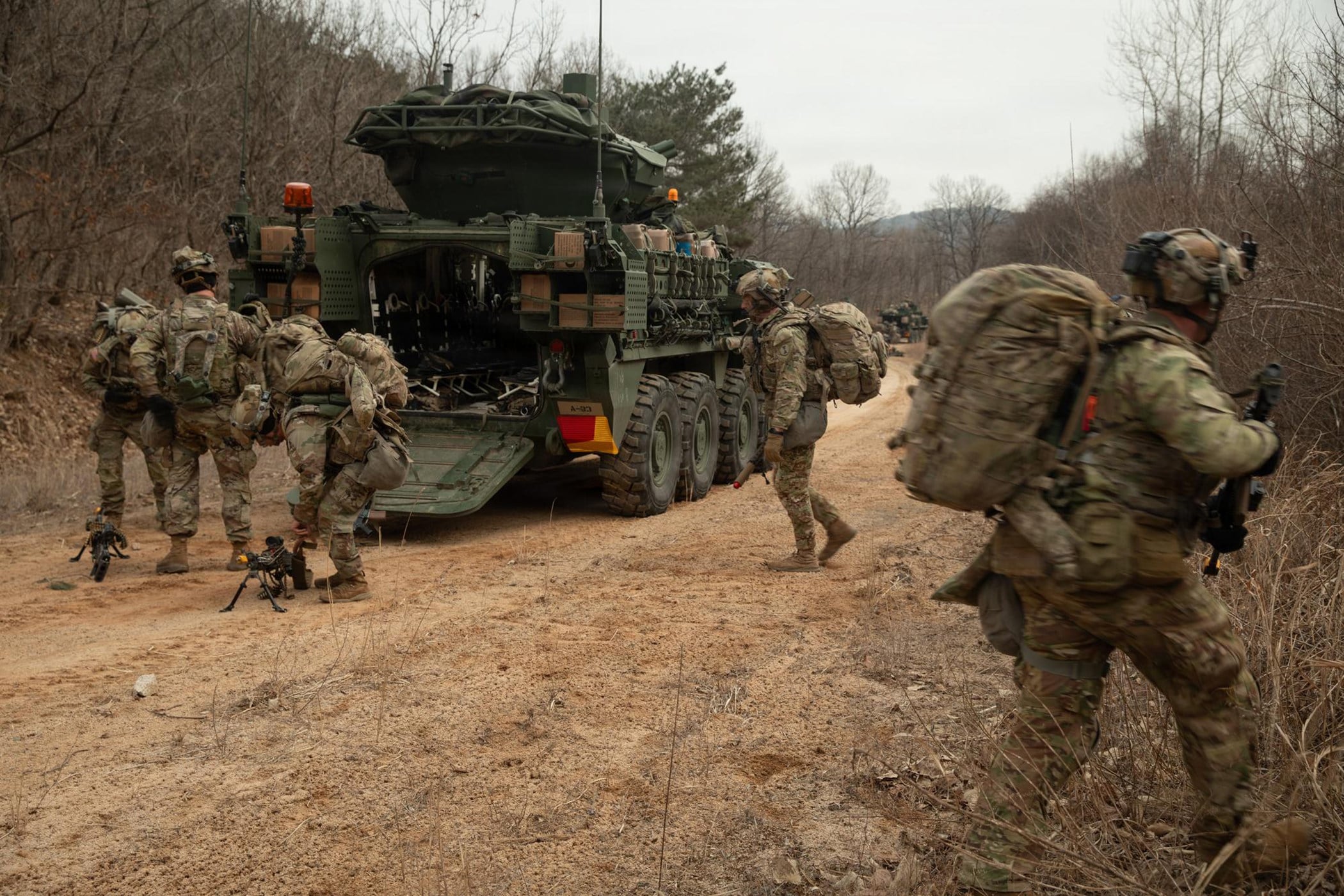 US soldiers dismount a Stryker armoured vehicle during the annual Freedom Shield joint military exercise with South Korean forces on March 11, 2026. Photo: US Army National Guard