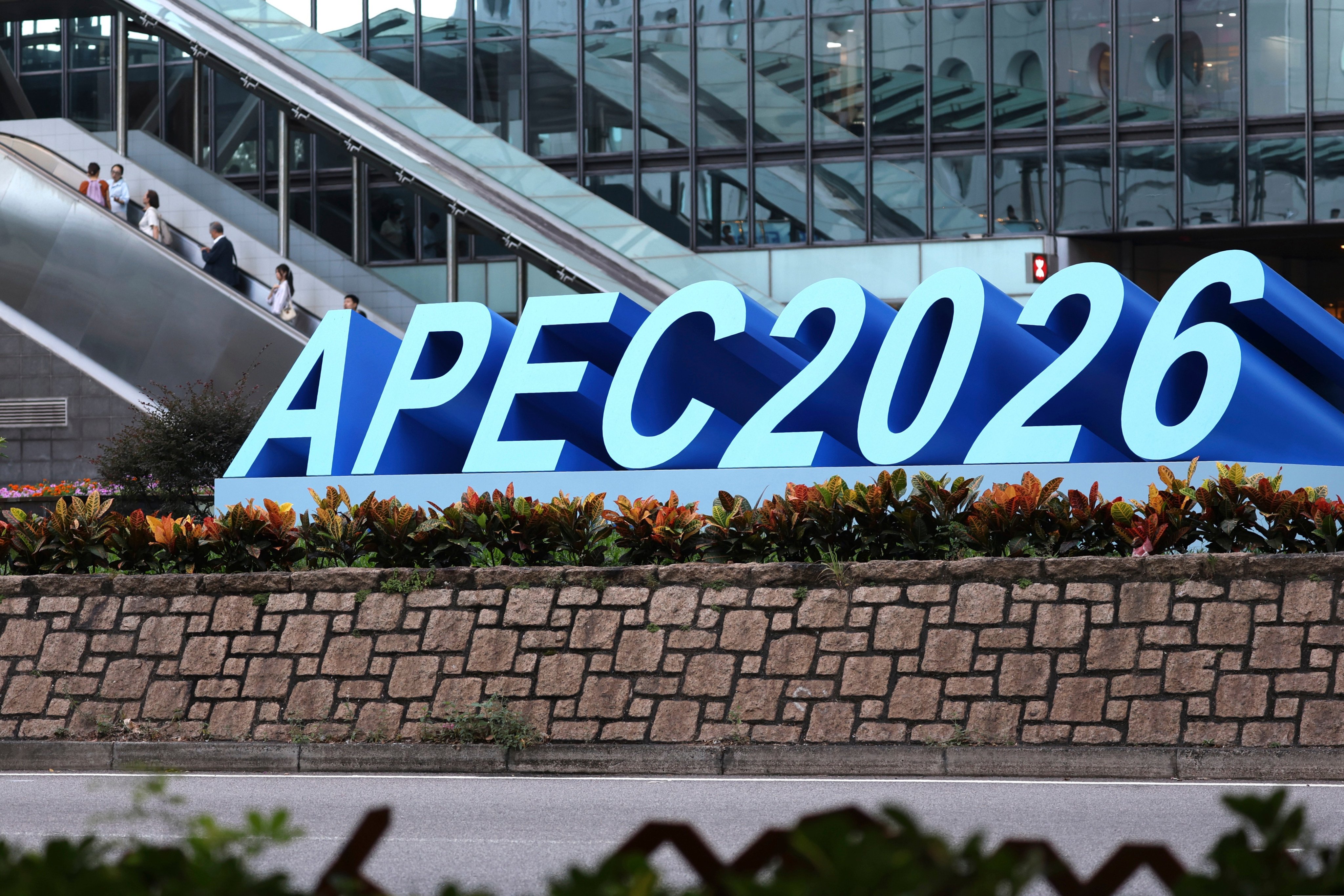 An Apec signage is seen in Central, Hong Kong. Photo: AP