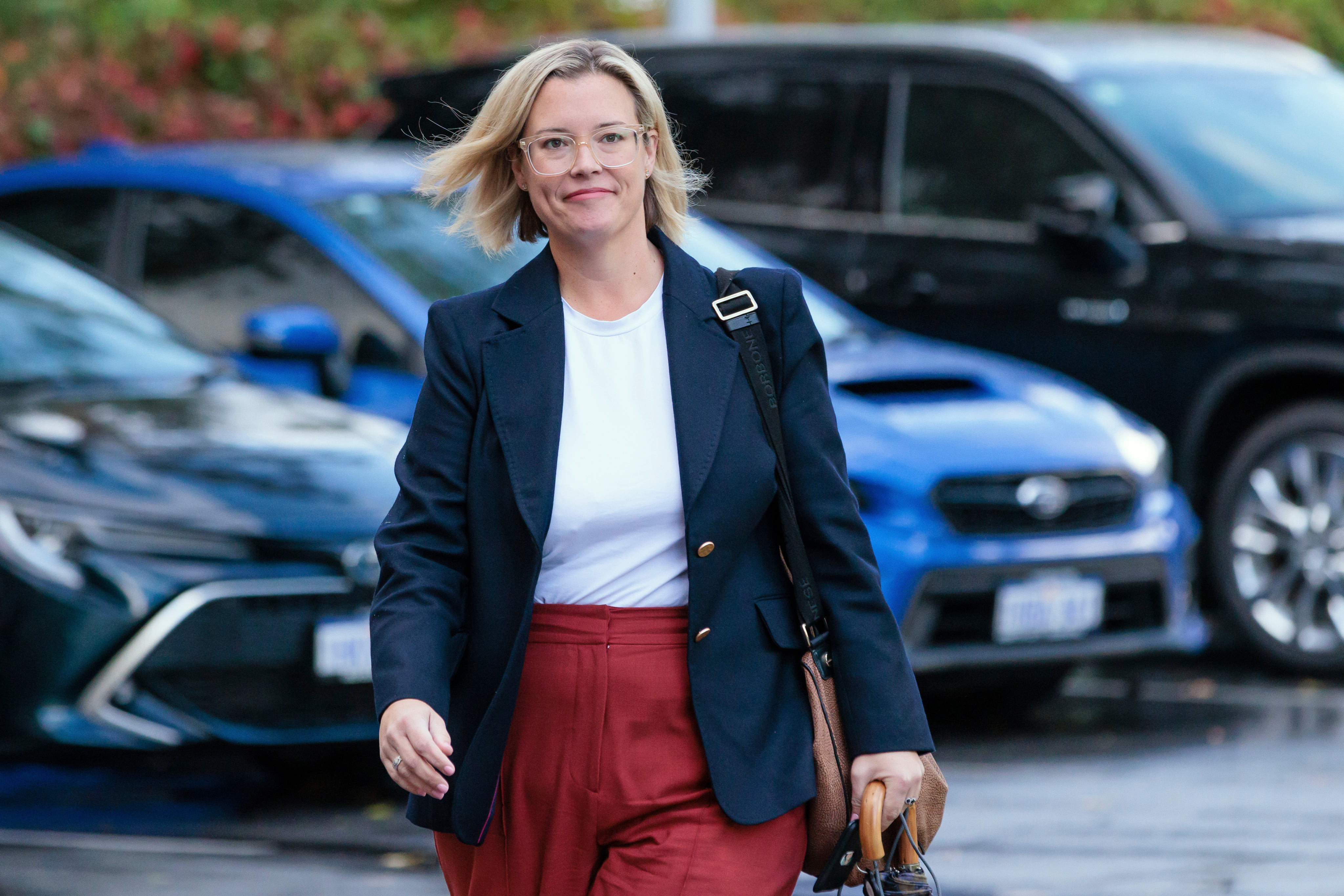 Hannah Beazley arrives for a Labor Party meeting in Perth on June 6, 2023. Beazley says she was in the state parliament when the man entered her electorate office demanding to see her. Photo: AAP / AP