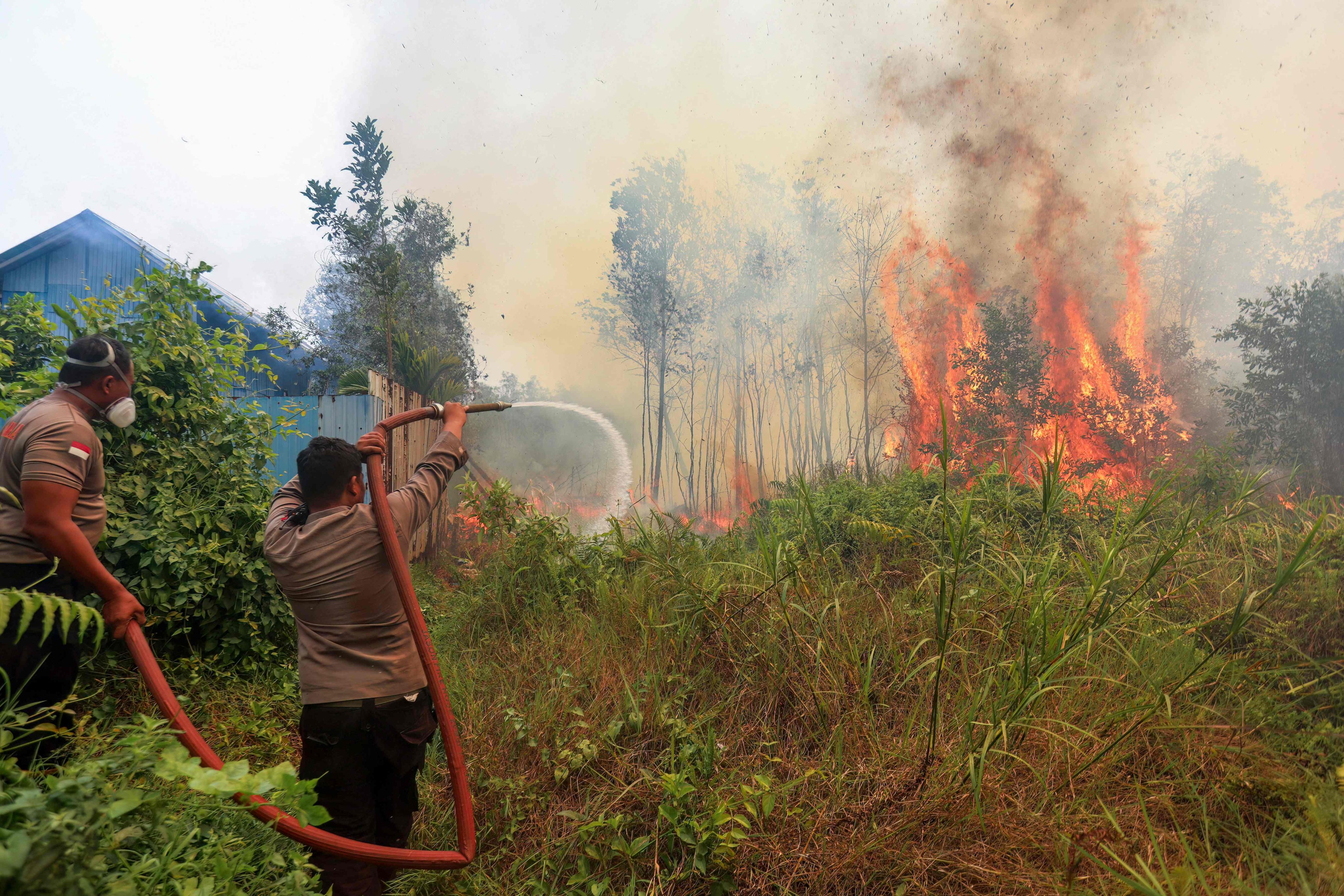 Police officers spray water to extinguish a wildfire burning near homes in South Kalimantan, Indonesia, on Tuesday. Photo: AFP