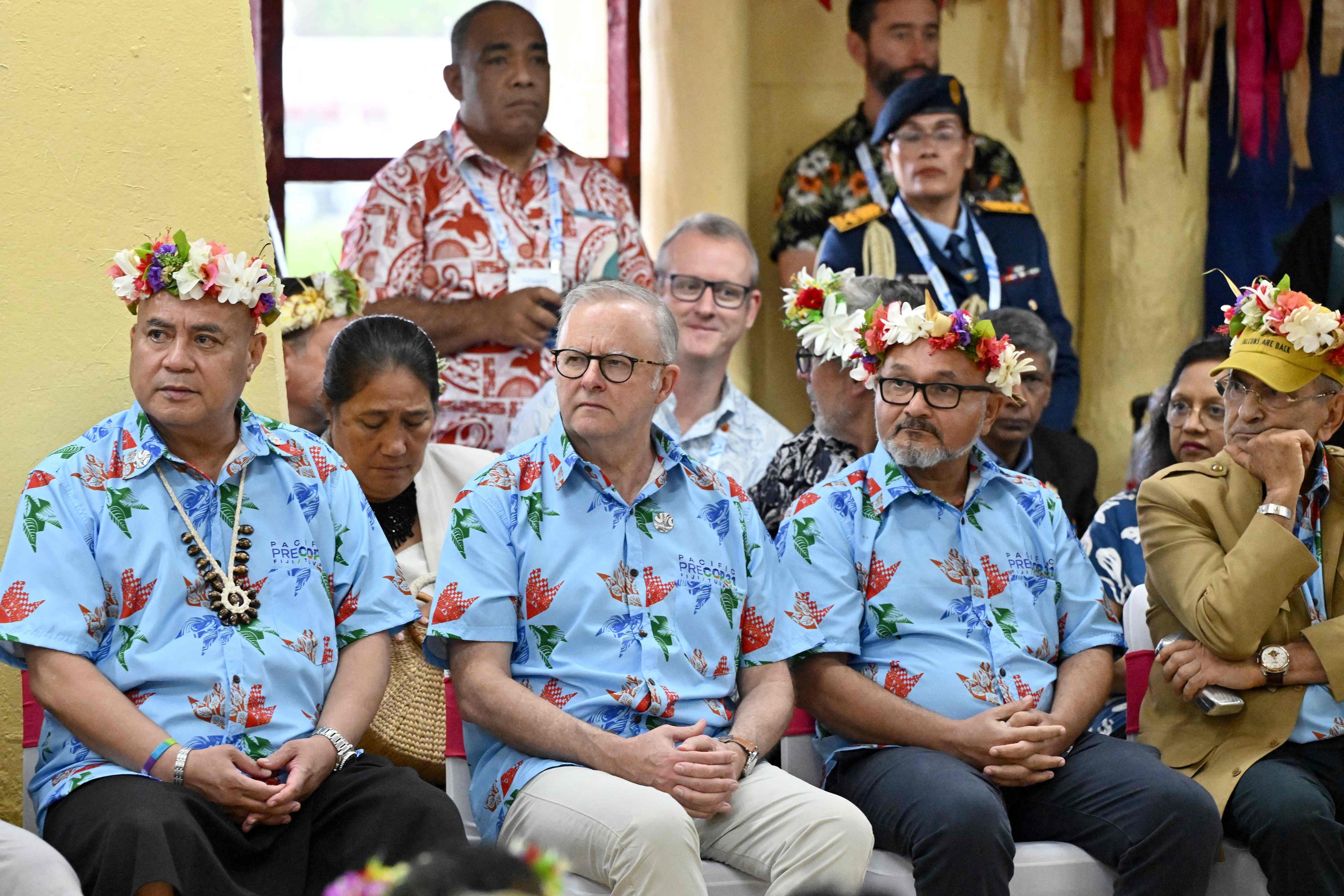 Australias Prime Minister Anthony Albanese (second right) joins leaders from (from left) Tuvalu, Solomon Islands and East Timor for the Pacific Pre-COP31 Summit in Funafuti, Tuvalu, on October 6. Photo: AFP