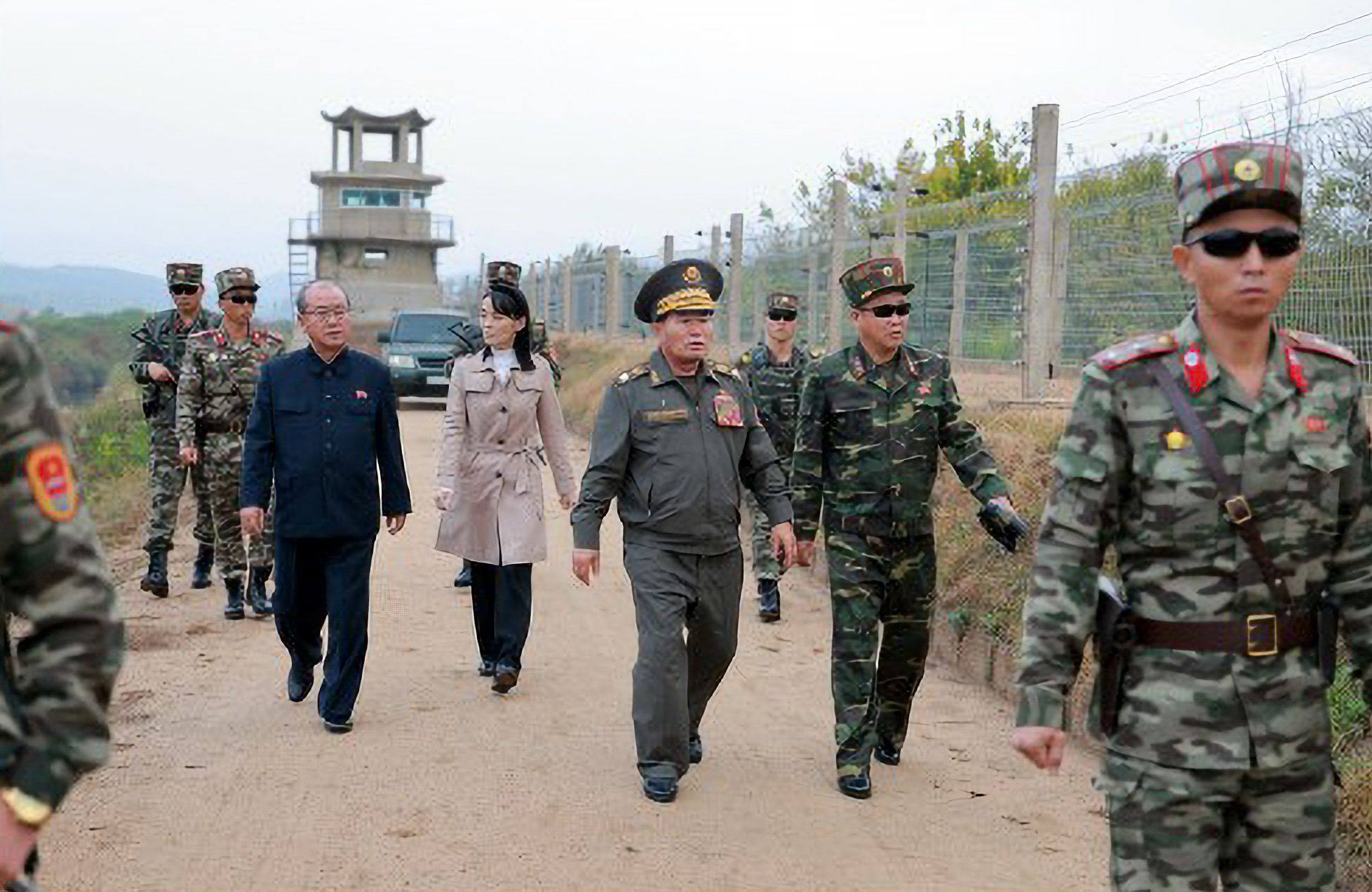 Kim Yo-jong, sister of North Korean leader Kim Jong-un, and leading North Korean military official Pak Jong-chon (centre) inspect fortification work on the border with South Korea on Tuesday. Photo: KCNA / dpa