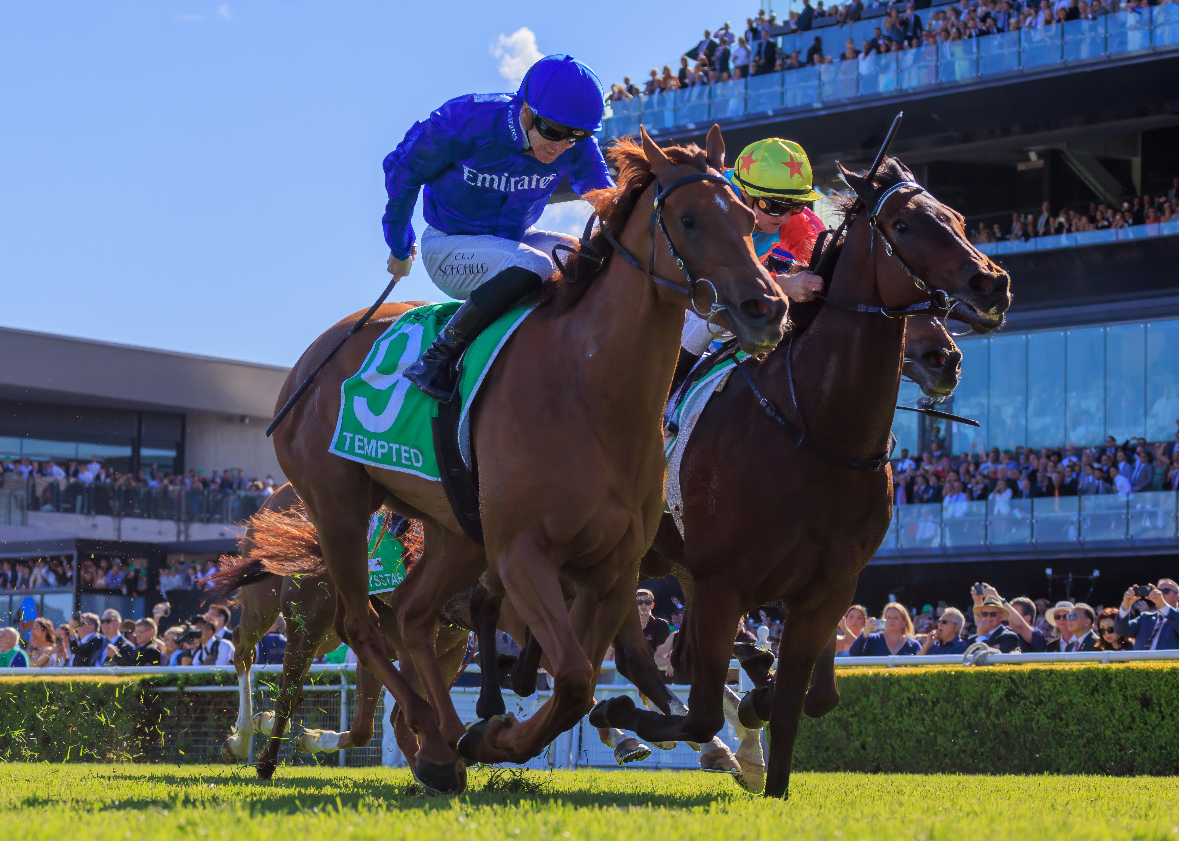 Ka Ying Rising (right) runs a close second to Tempted in The Everest at Randwick. Photo: HKJC