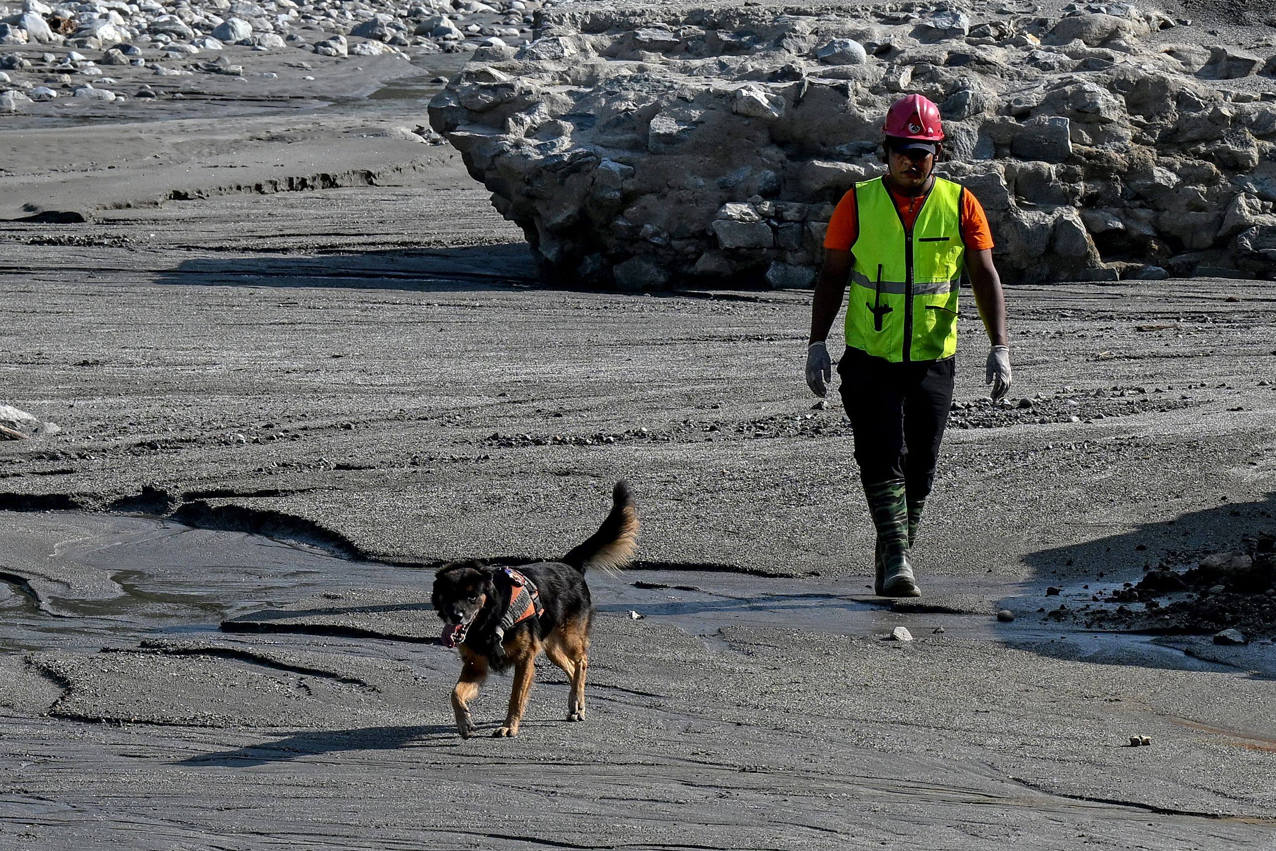 A rescuer and his sniffer dog look for missing people following the August 26 flash flood, on the banks of the Trishuli River in Nepal’s Nuwakot district on September 30. Photo: AFP