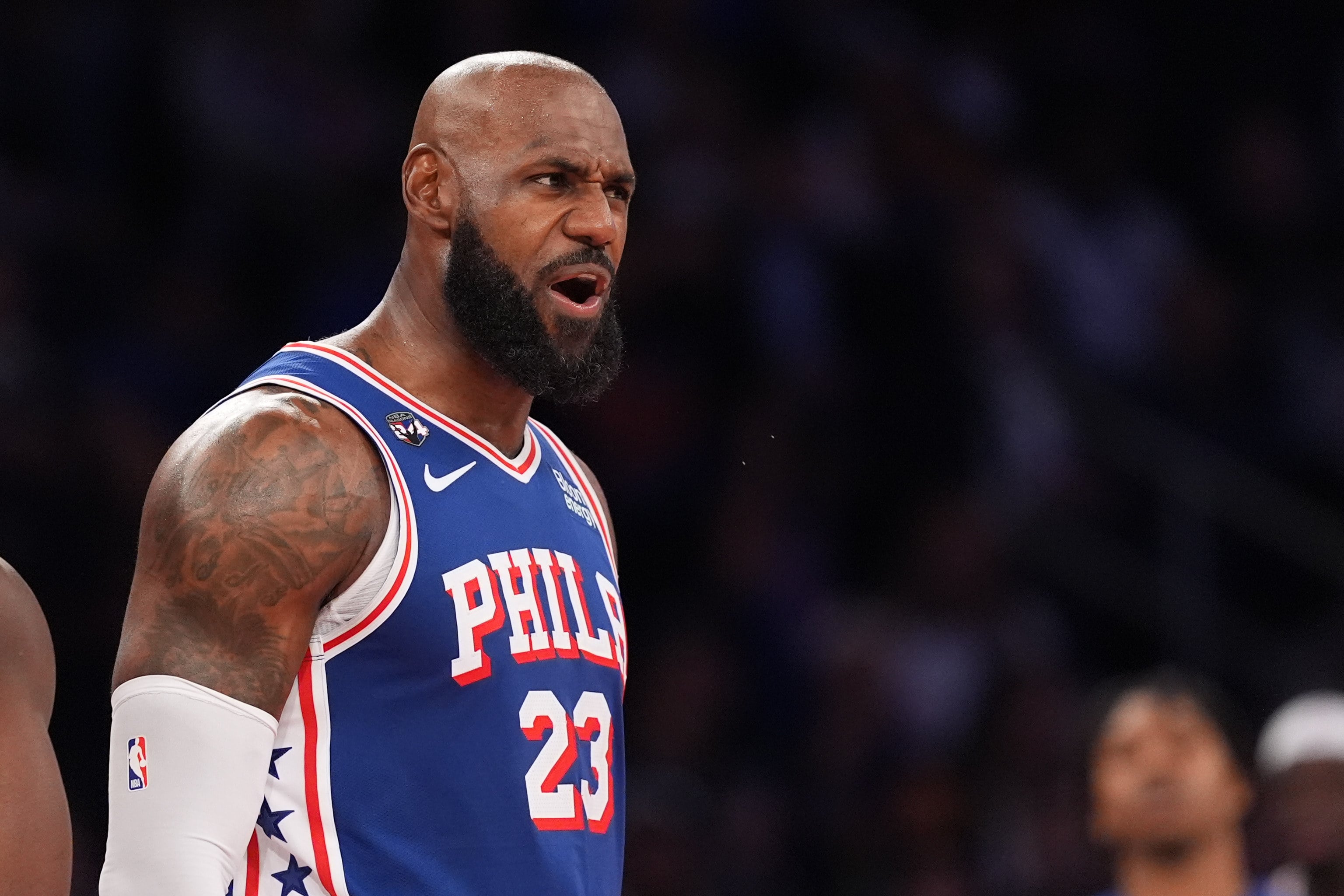 Philadelphia 76ers forward LeBron James yells during an NBA basketball game in New York on Tuesday. Photo: AP