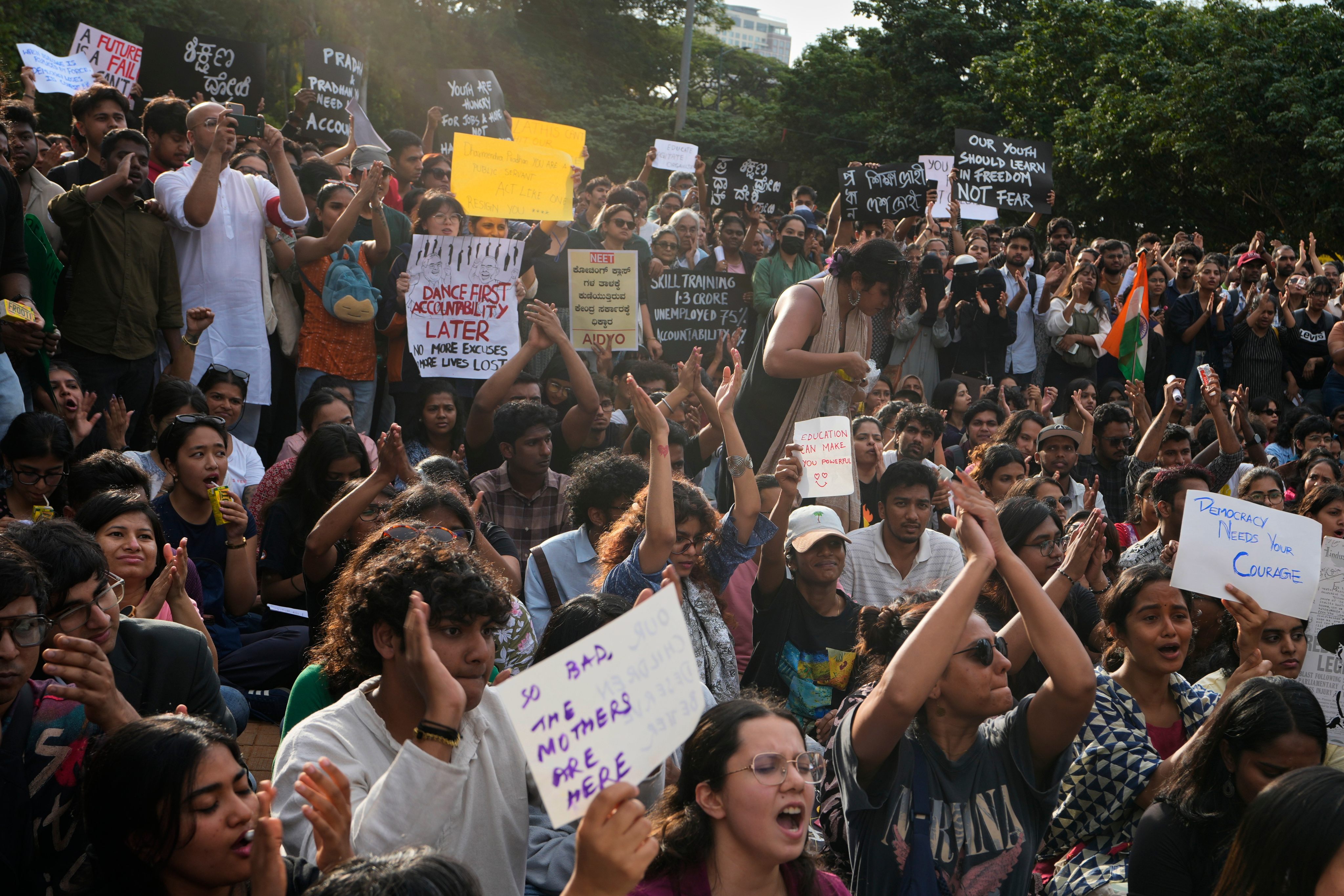 People attend a protest as part of a youth-led campaign demanding educational reforms in Bengaluru, India in July. Photo: AP